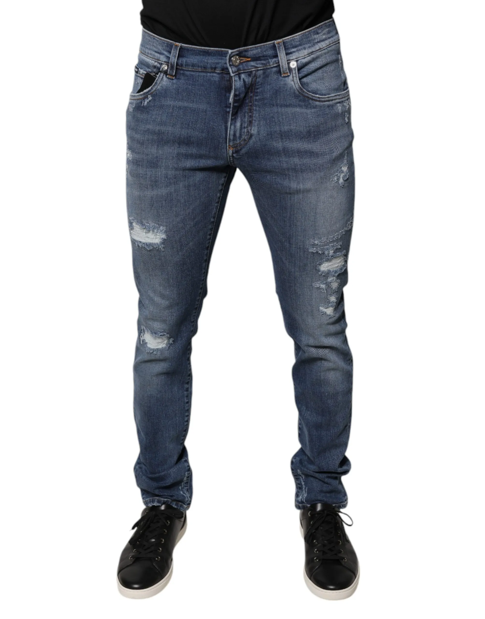 Dolce & Gabbana Men's Blue Tattered Cotton Stretch Skinny Denim Jeans