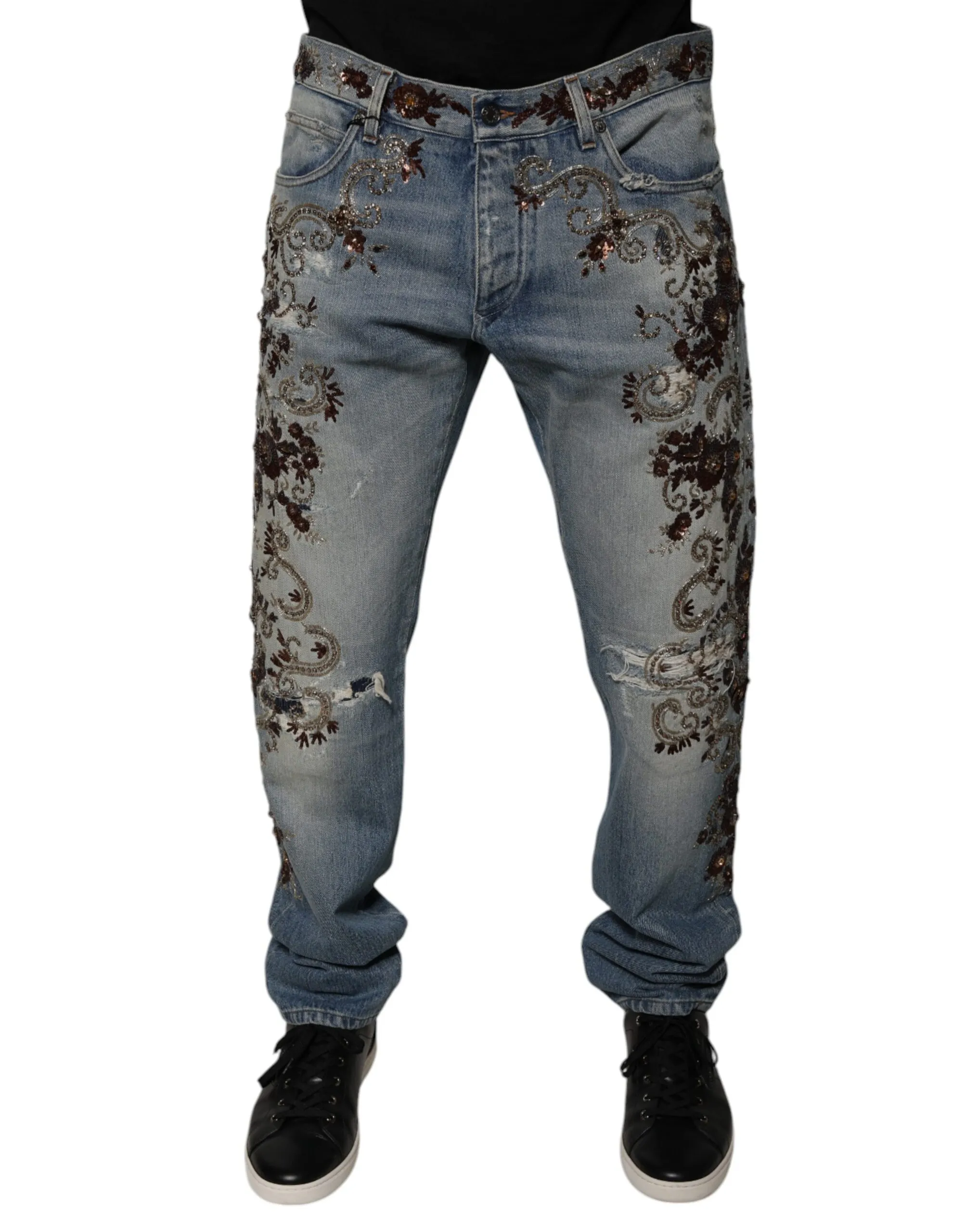 Dolce & Gabbana Men's Light Blue Embroidered Skinny Denim Jeans
