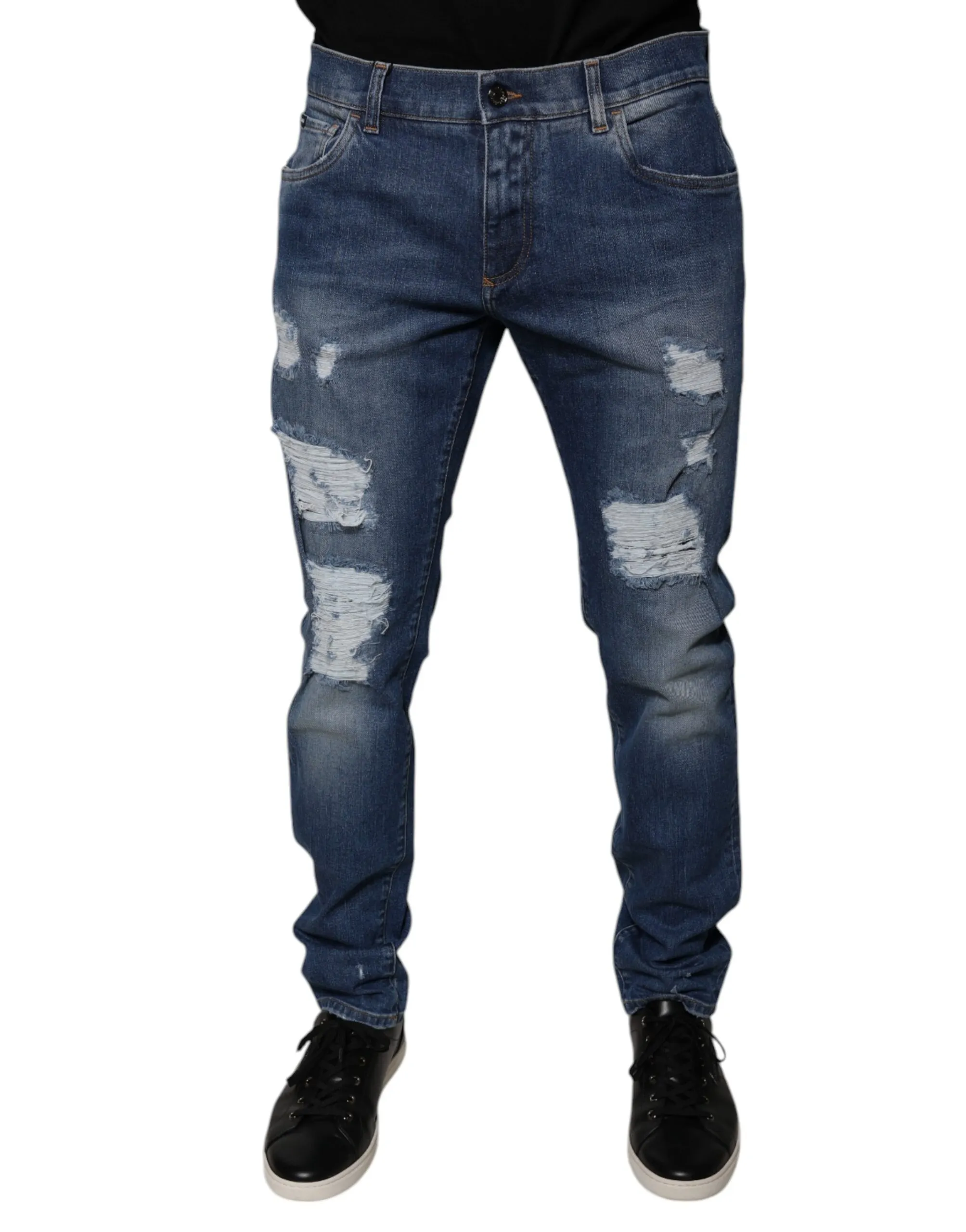 Dolce & Gabbana Men's Blue Cotton Tattered Skinny Denim Jeans