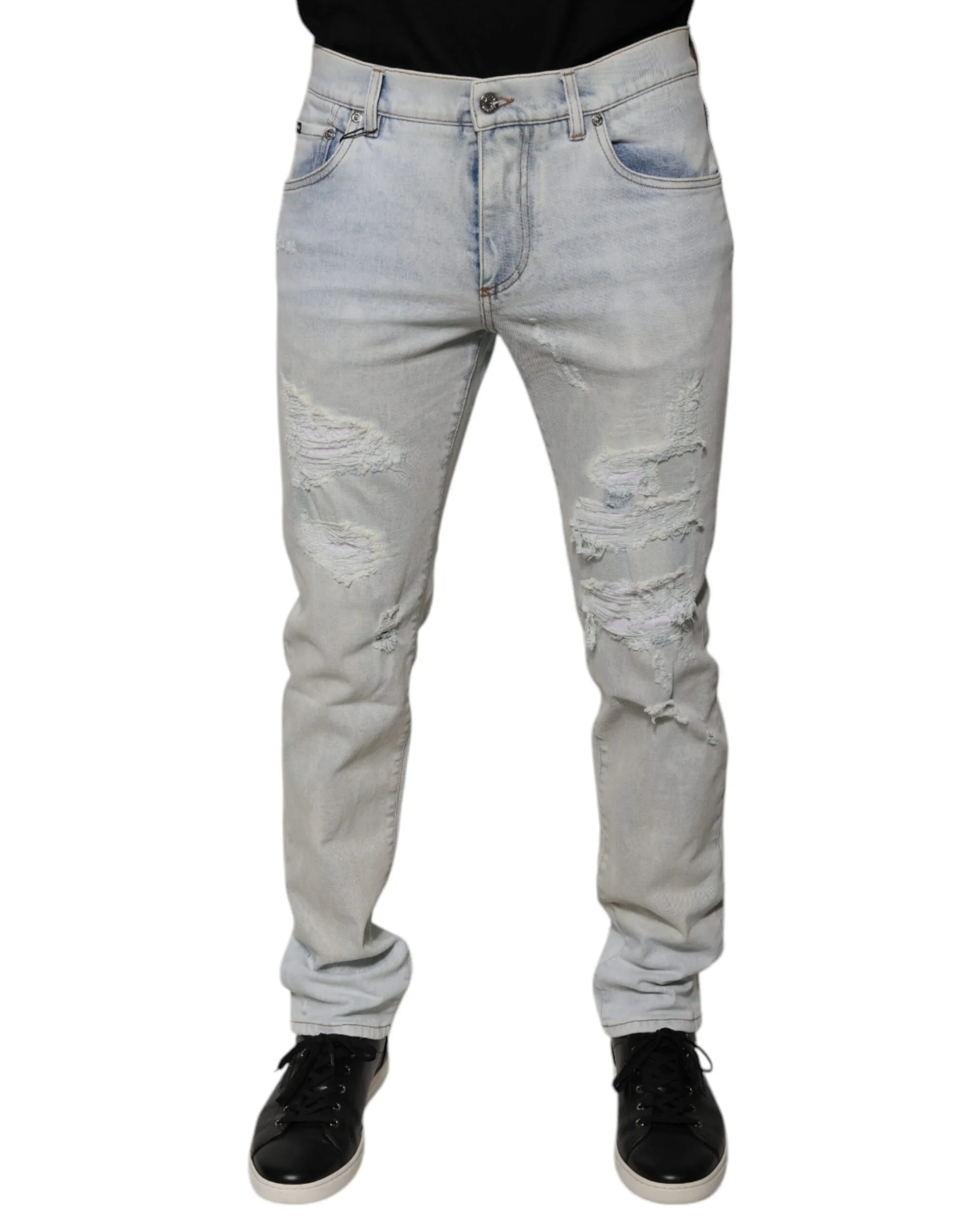 Dolce & Gabbana Men's Light Blue Cotton Blend Tattered Skinny Denim Jeans