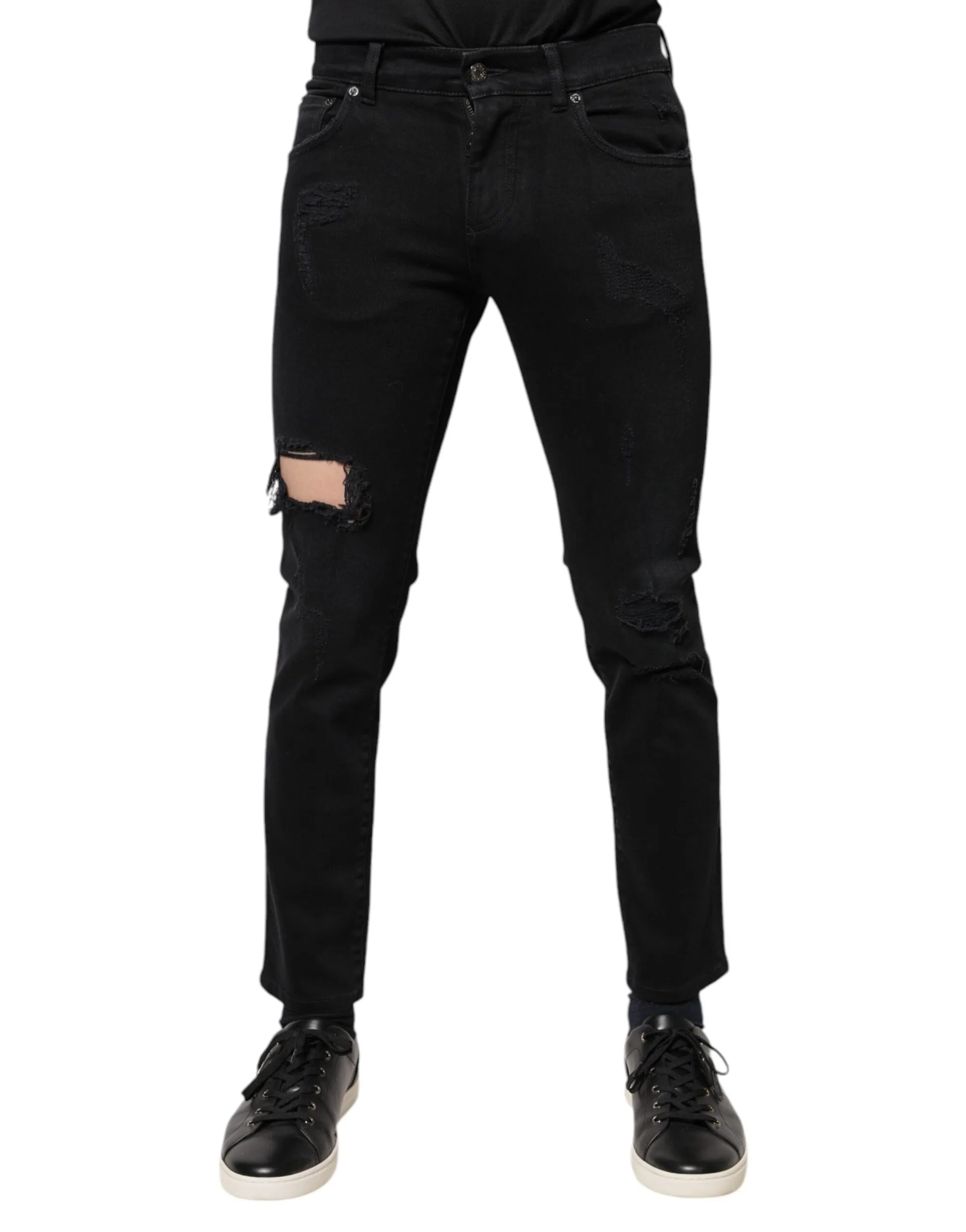 Dolce & Gabbana Men's Black Cotton Tattered Skinny Denim Logo Jeans