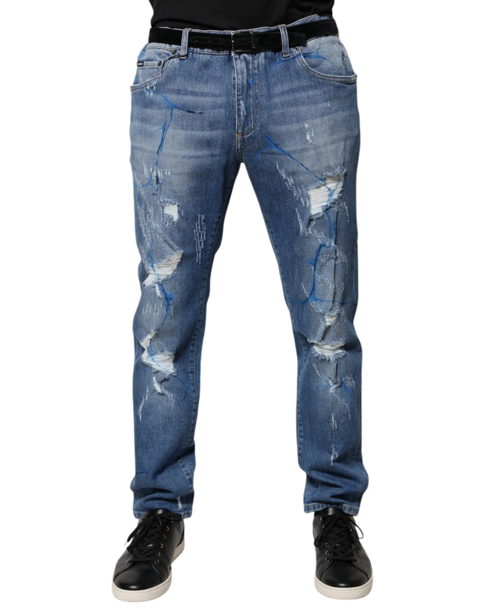 Dolce & Gabbana Men's Blue Cotton Stretch Tattered Skinny Denim Jeans