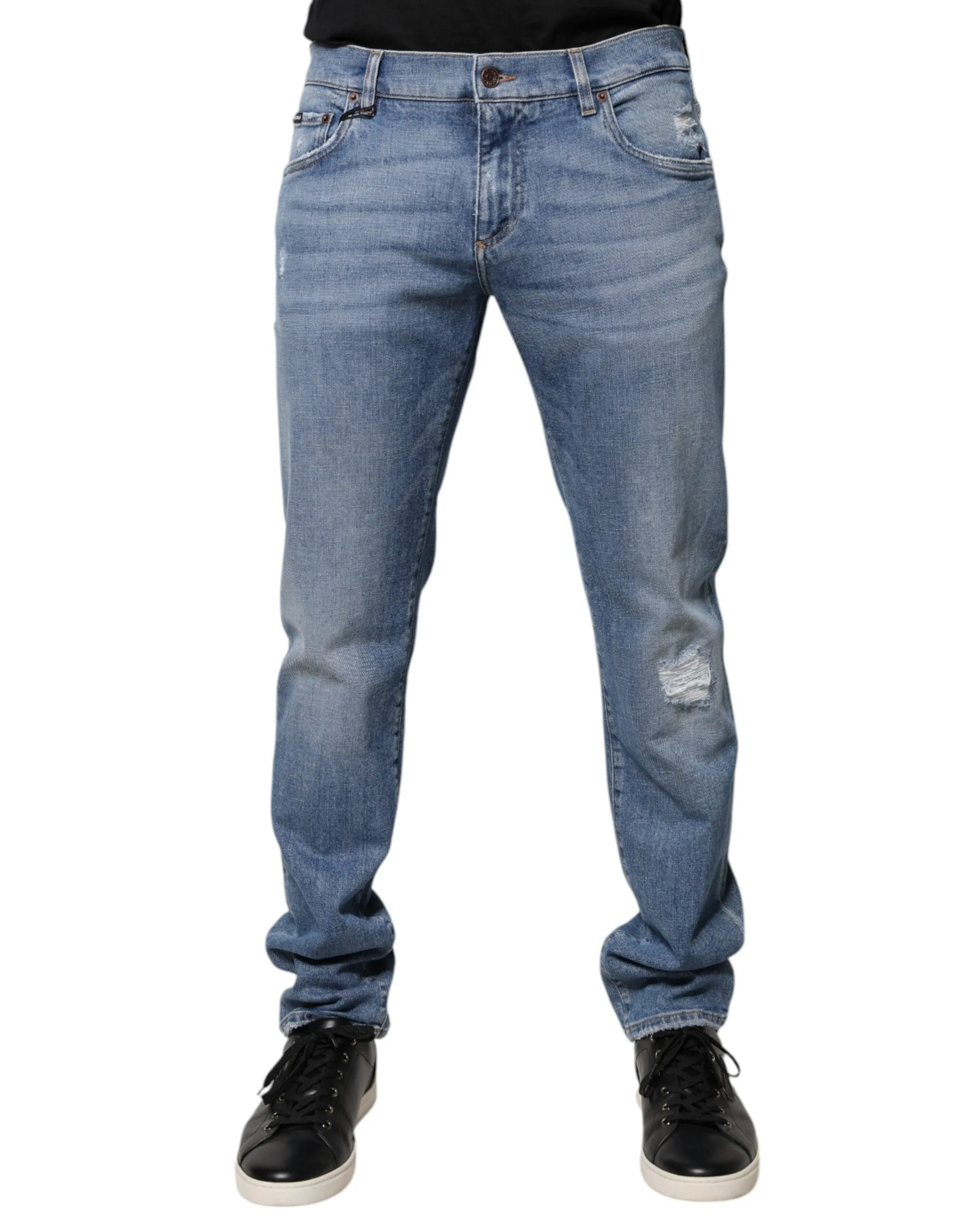 Dolce & Gabbana Men's Blue Cotton Logo Tattered Skinny Denim Jeans
