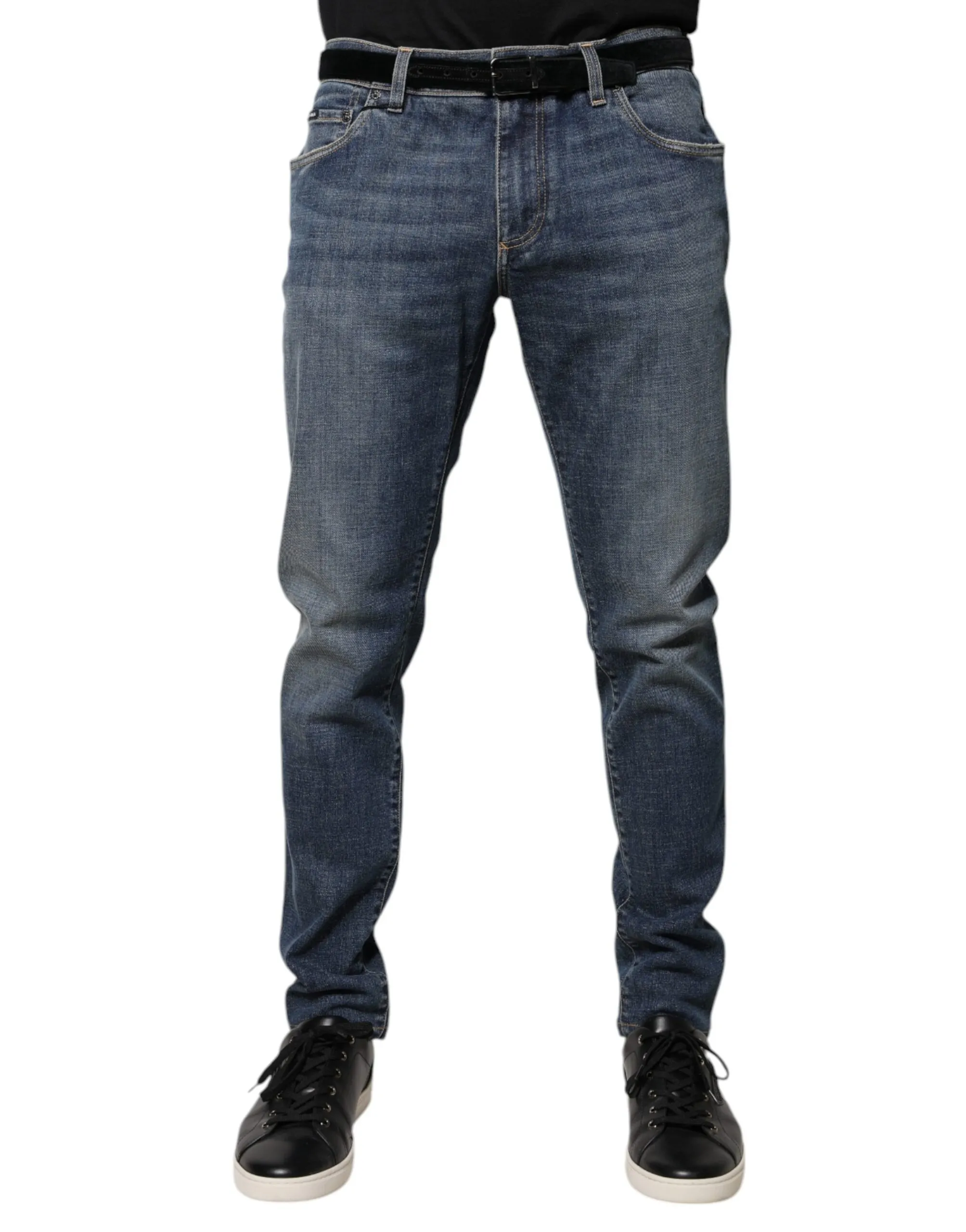 Dolce & Gabbana Men's Blue Logo Plaque Cotton Skinny Denim Jeans