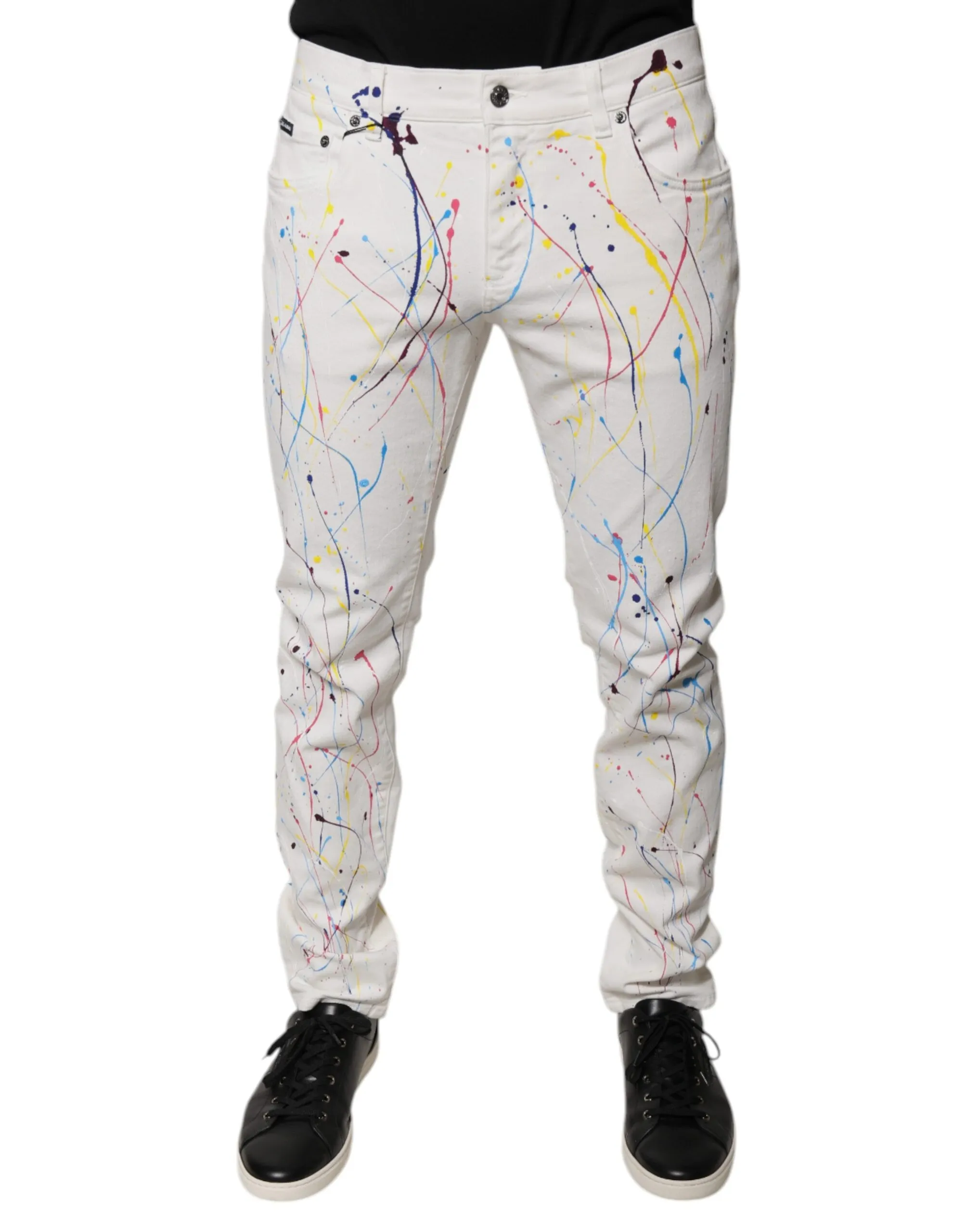 Dolce & Gabbana Men's White Color Splash Print Skinny Denim Jeans