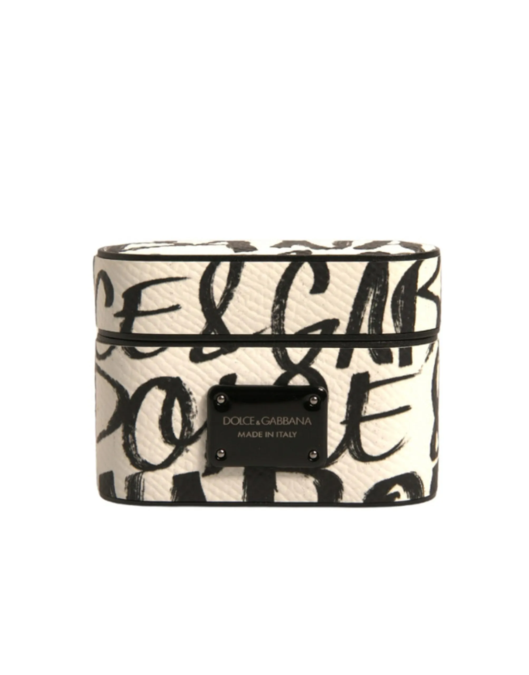 Dolce & Gabbana Men's Black White Leather Scribble Embossed Logo Airpods Case