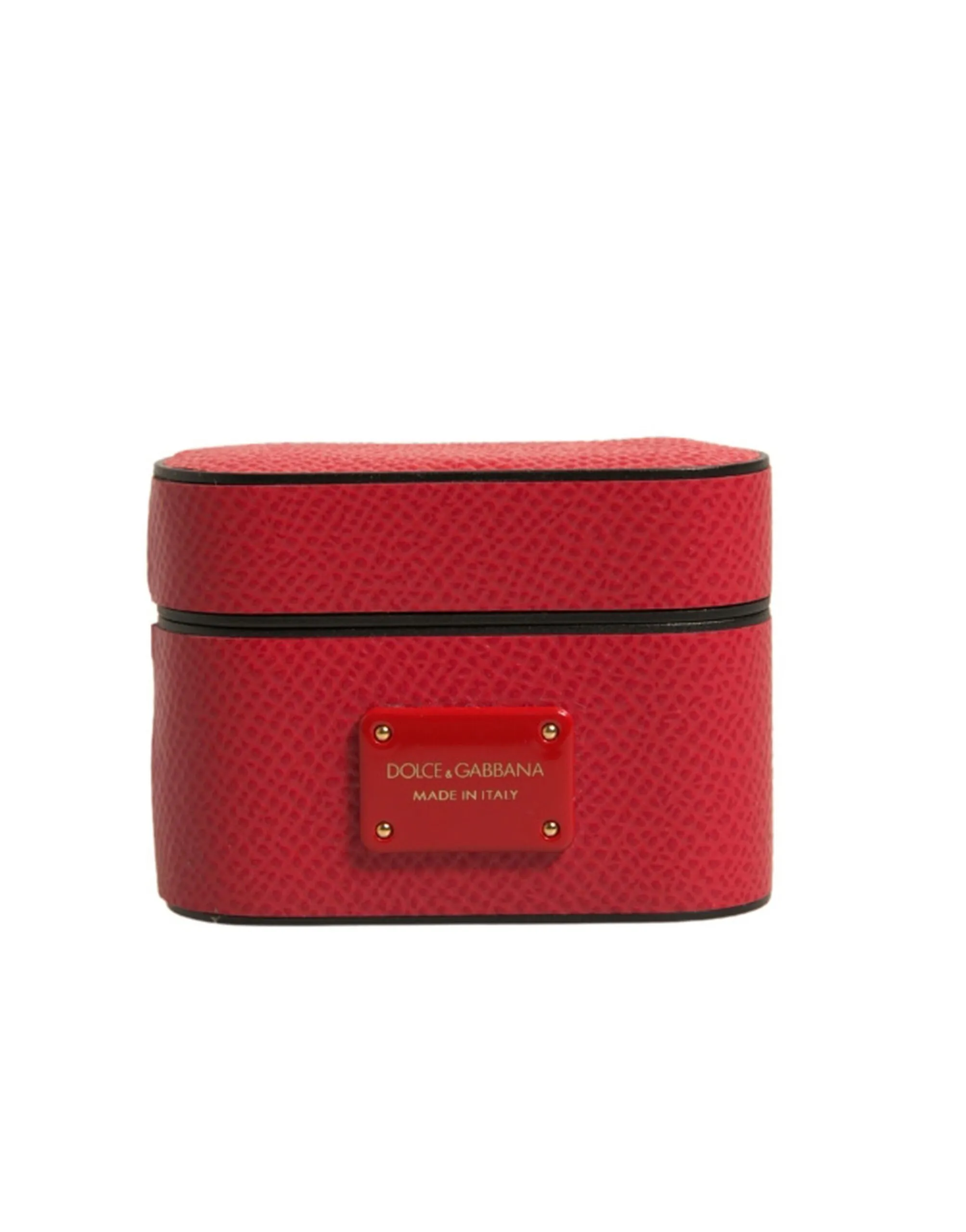 Dolce & Gabbana Men's Red Leather Metal Logo Plaque Holder Airpods Case
