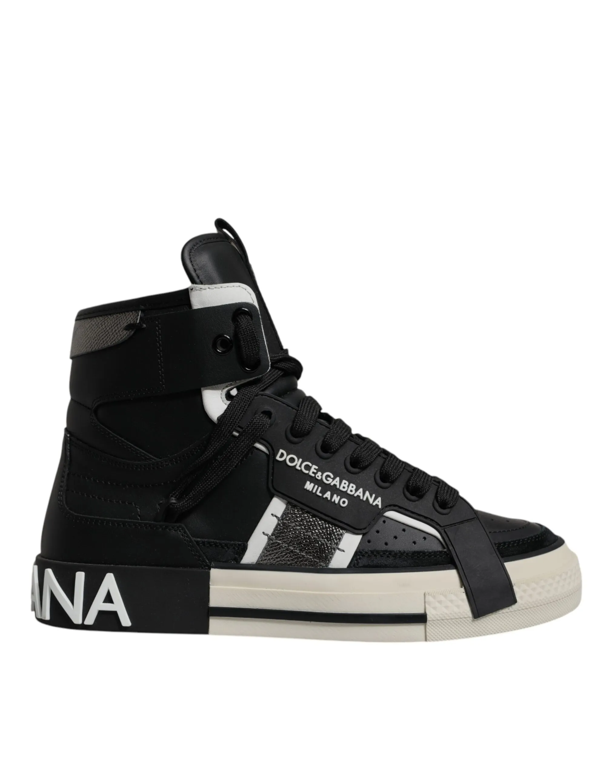 Dolce & Gabbana Men's Black Silver Leather High Top Sneaker Shoes