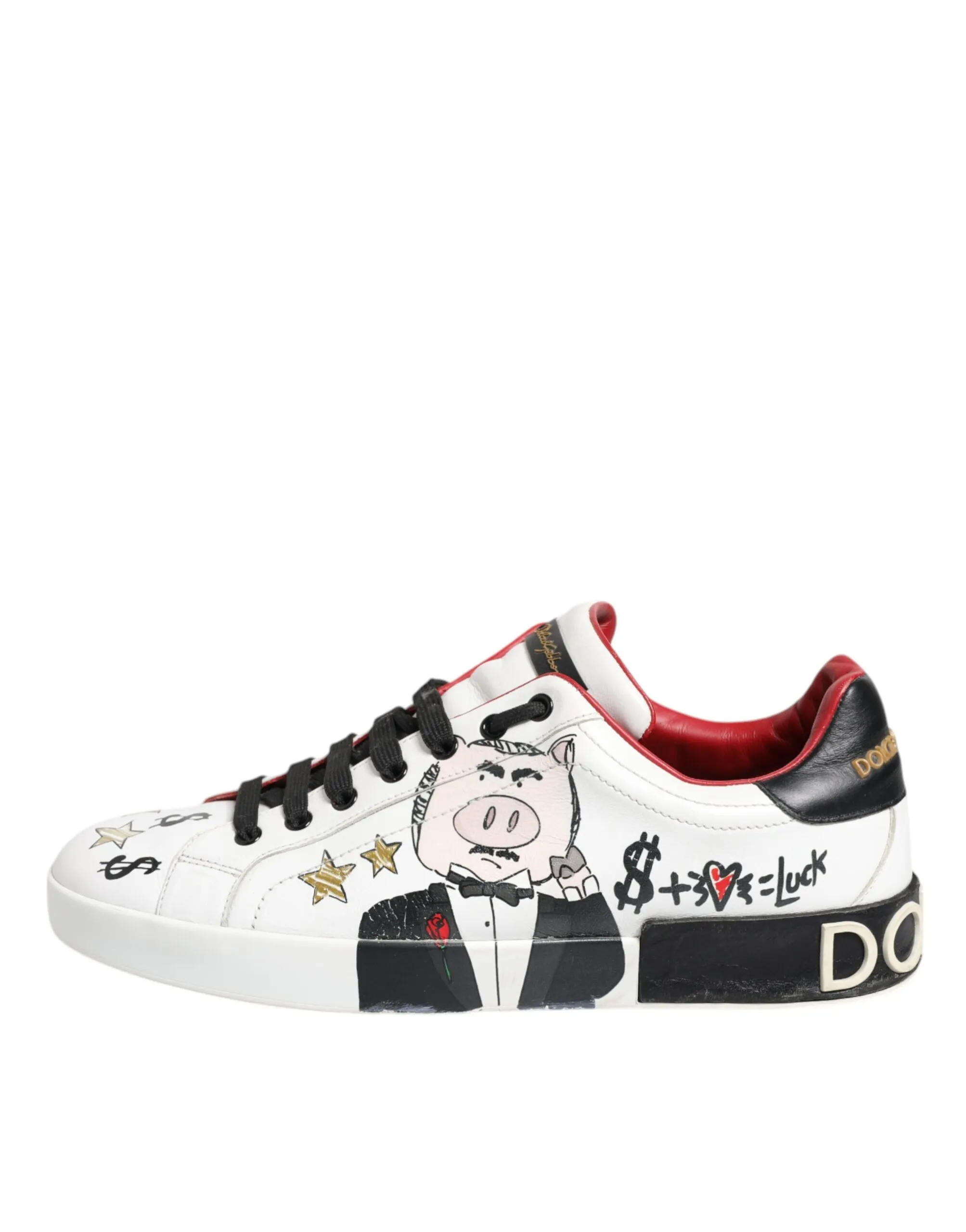 Dolce & Gabbana Men's White Portofino Pig Print Low Top Sneakers Shoes