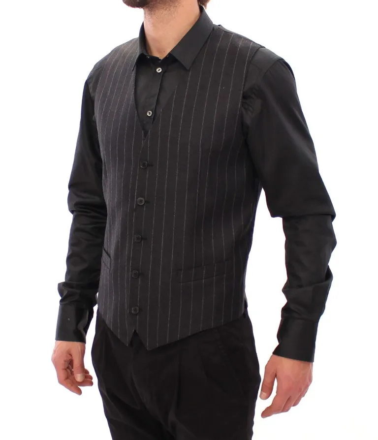 Dolce & Gabbana Men's Sleek Gray Striped Wool Dress Vest