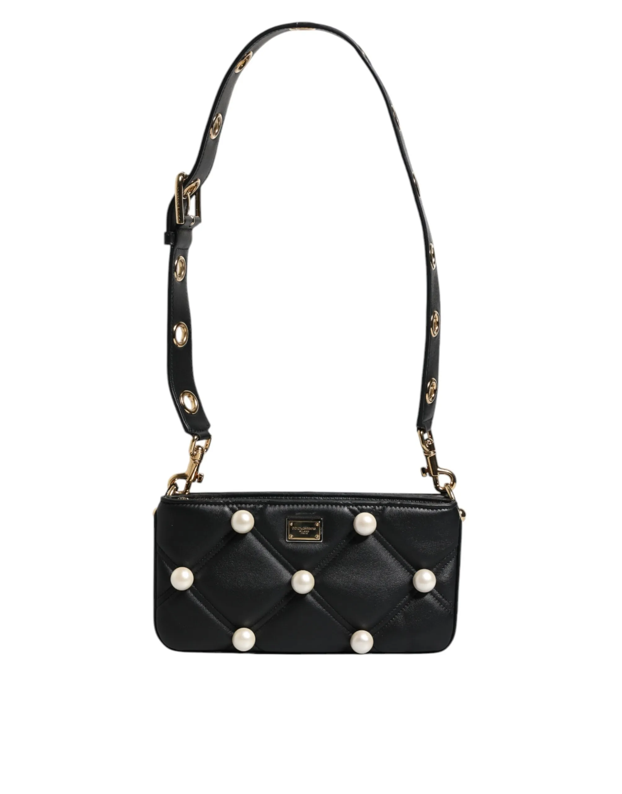 Dolce & Gabbana Women's Black Leather Pearl Embellished Logo Shoulder Bag
