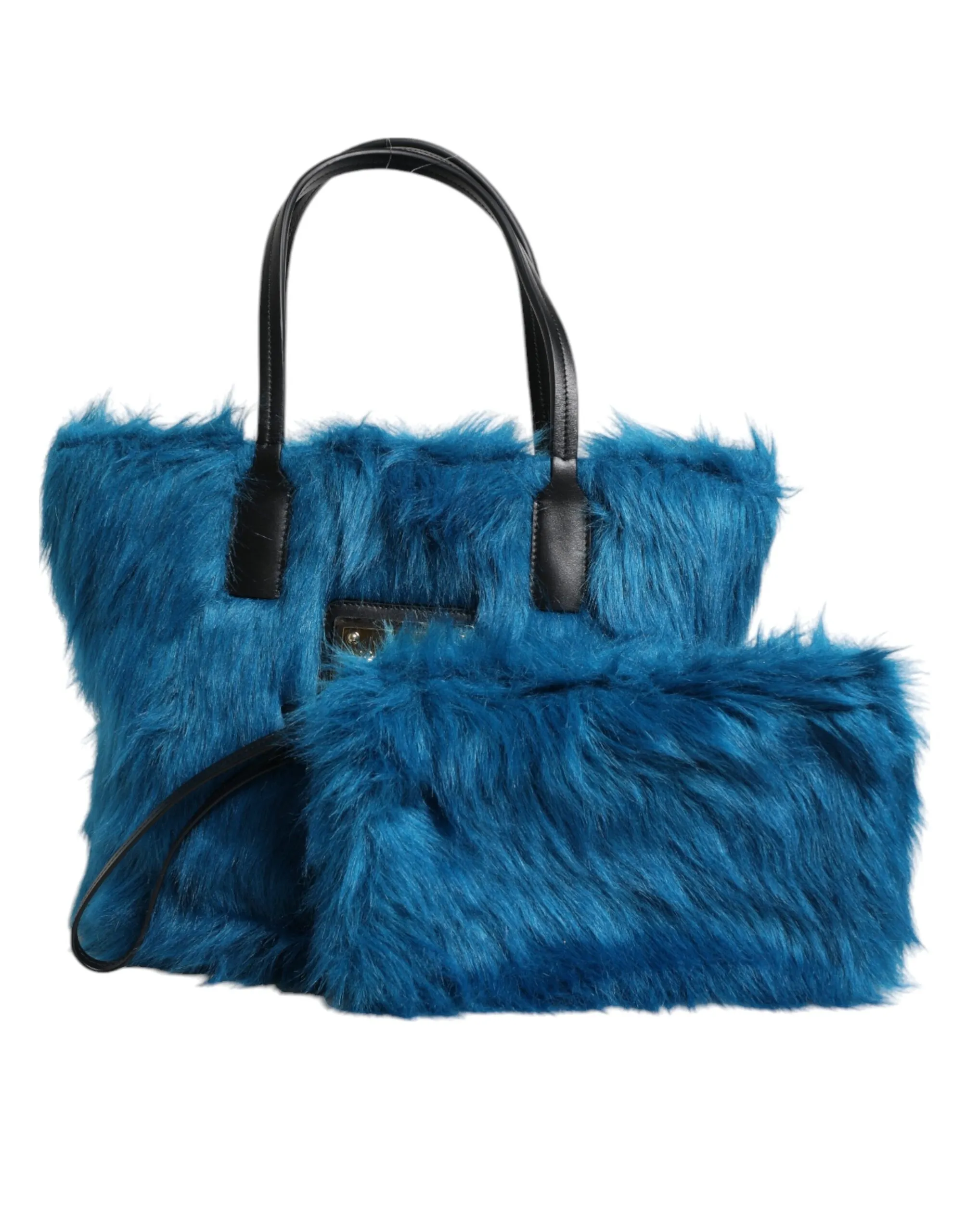 Dolce & Gabbana Women's Blue Fur Logo Plaque Double Handle Shoulder Bag