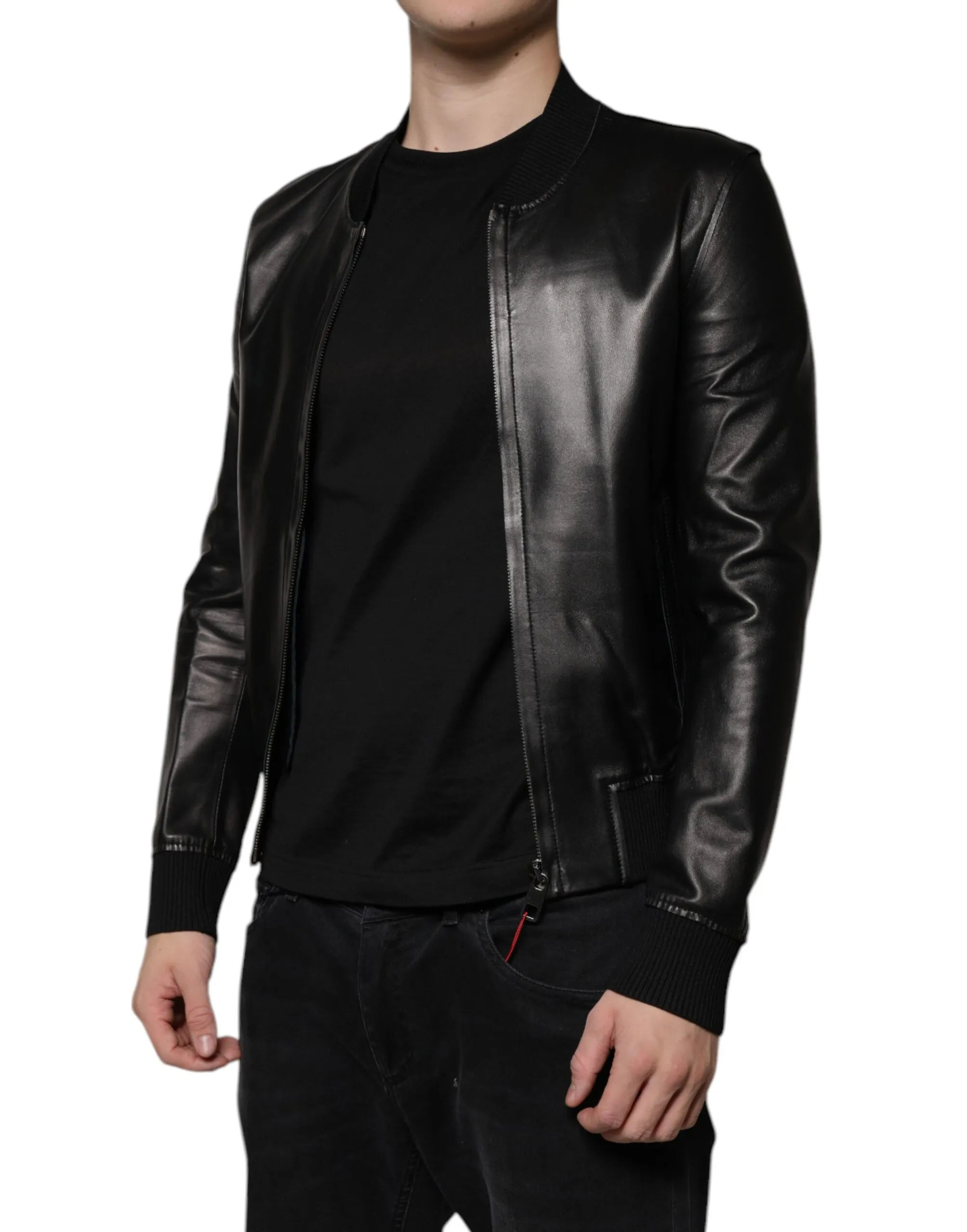 Dolce & Gabbana Men's Black Lambskin Full Zip Biker Blouson Jacket