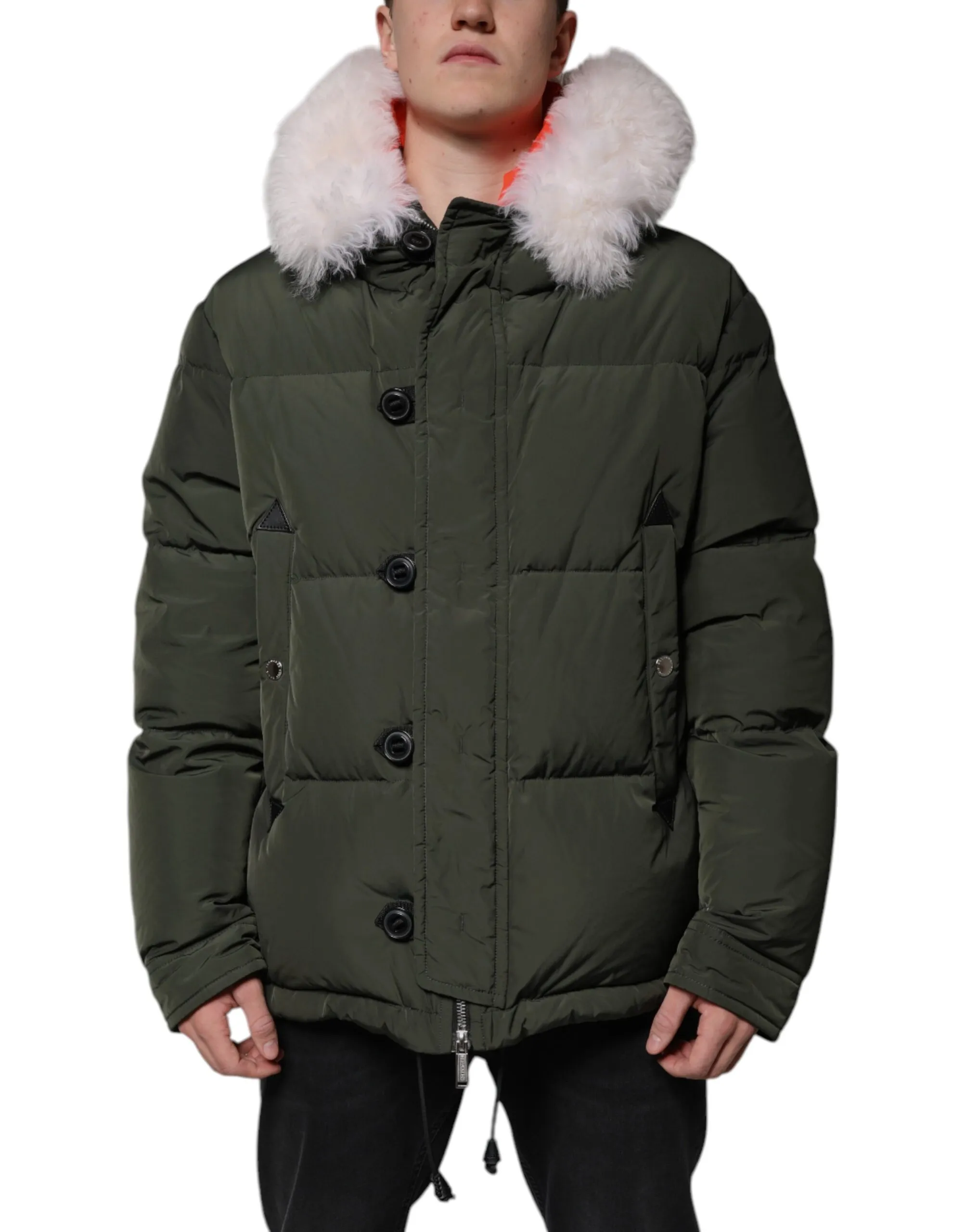 Dsquared² Men's Green Hooded Long Sleeves Fur Shearling Jacket