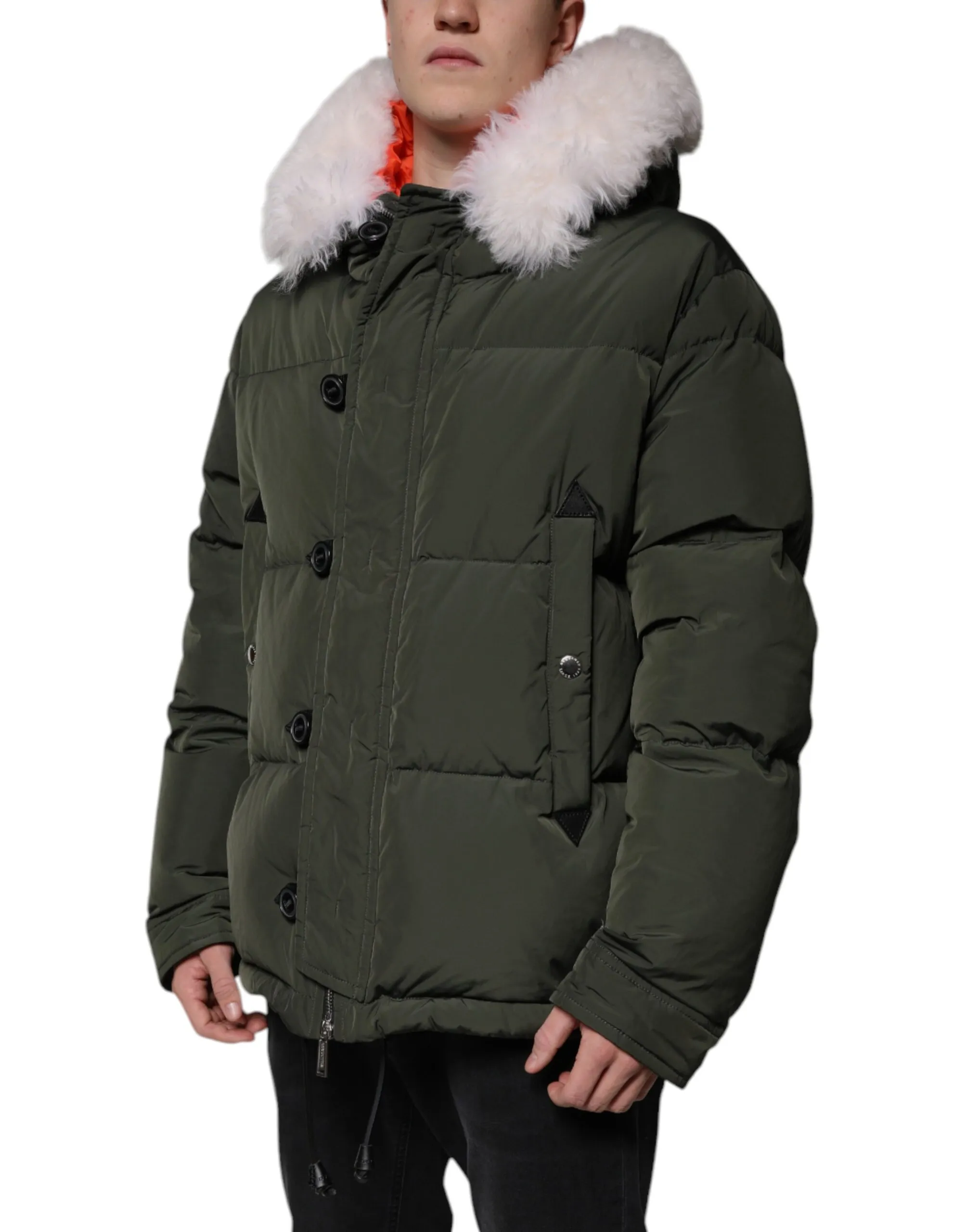 Dsquared² Men's Green Hooded Long Sleeves Fur Shearling Jacket