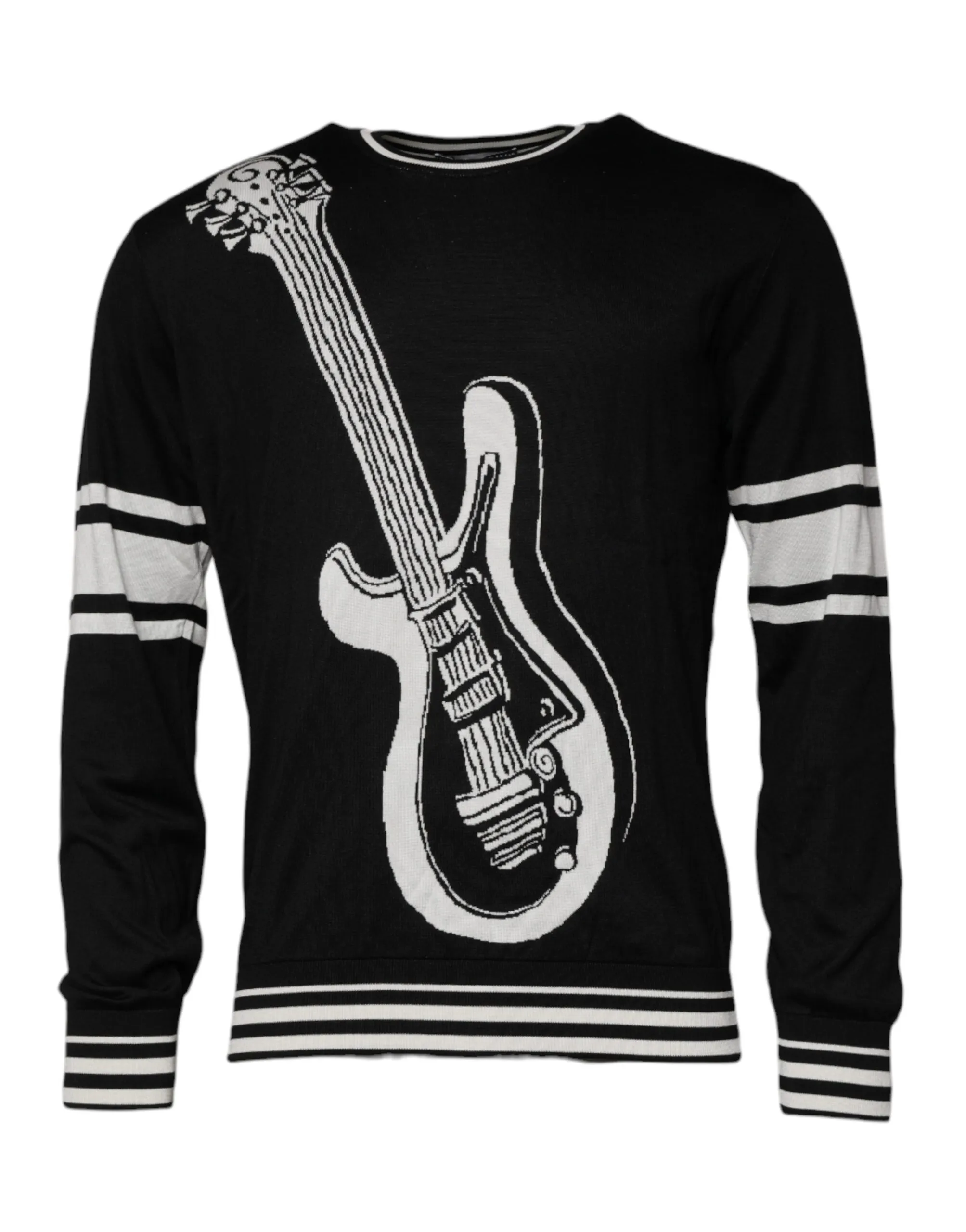 Dolce & Gabbana Men's Black White Guitar Silk Crew Neck Sweater