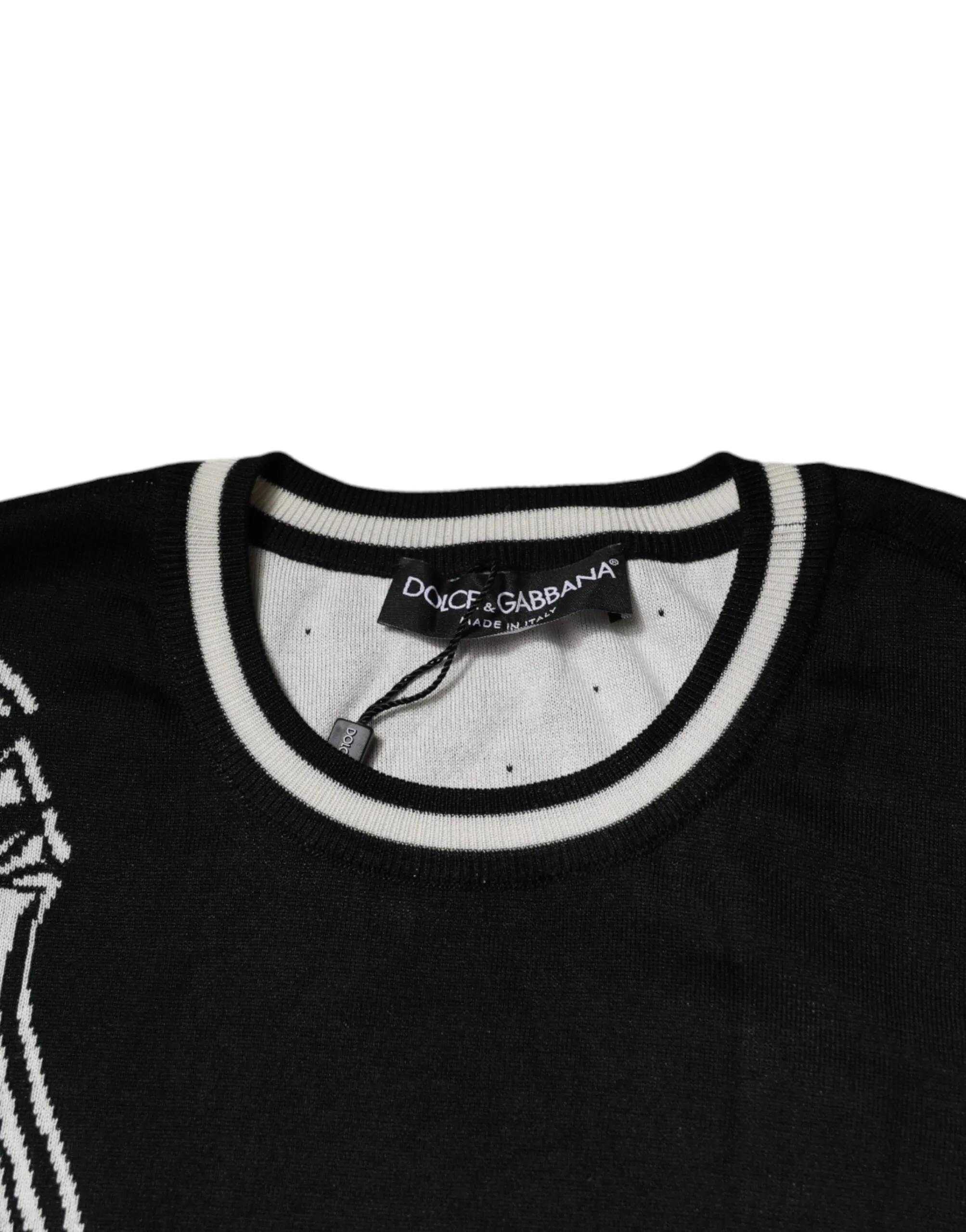 Dolce & Gabbana Men's Black White Guitar Silk Crew Neck Sweater