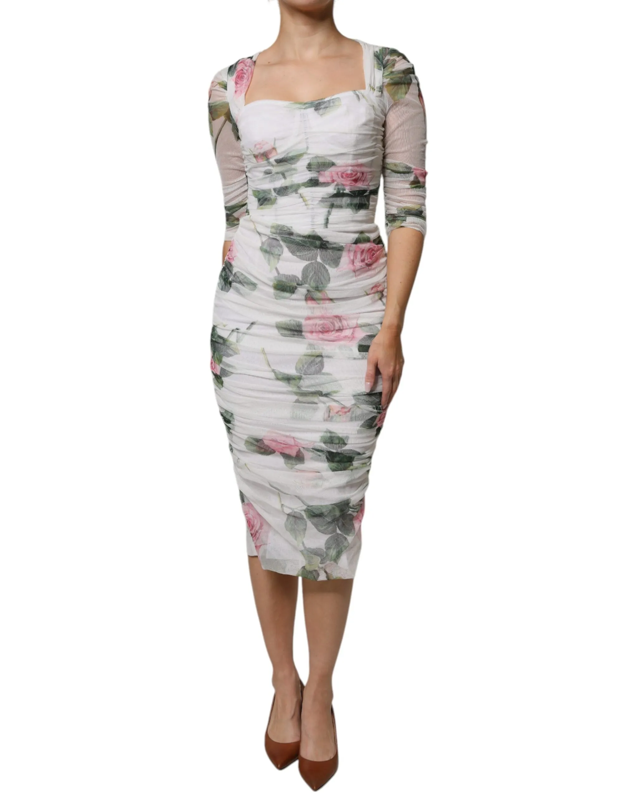 Dolce & Gabbana Women's White Roses Print Cotton Pleated Midi Dress