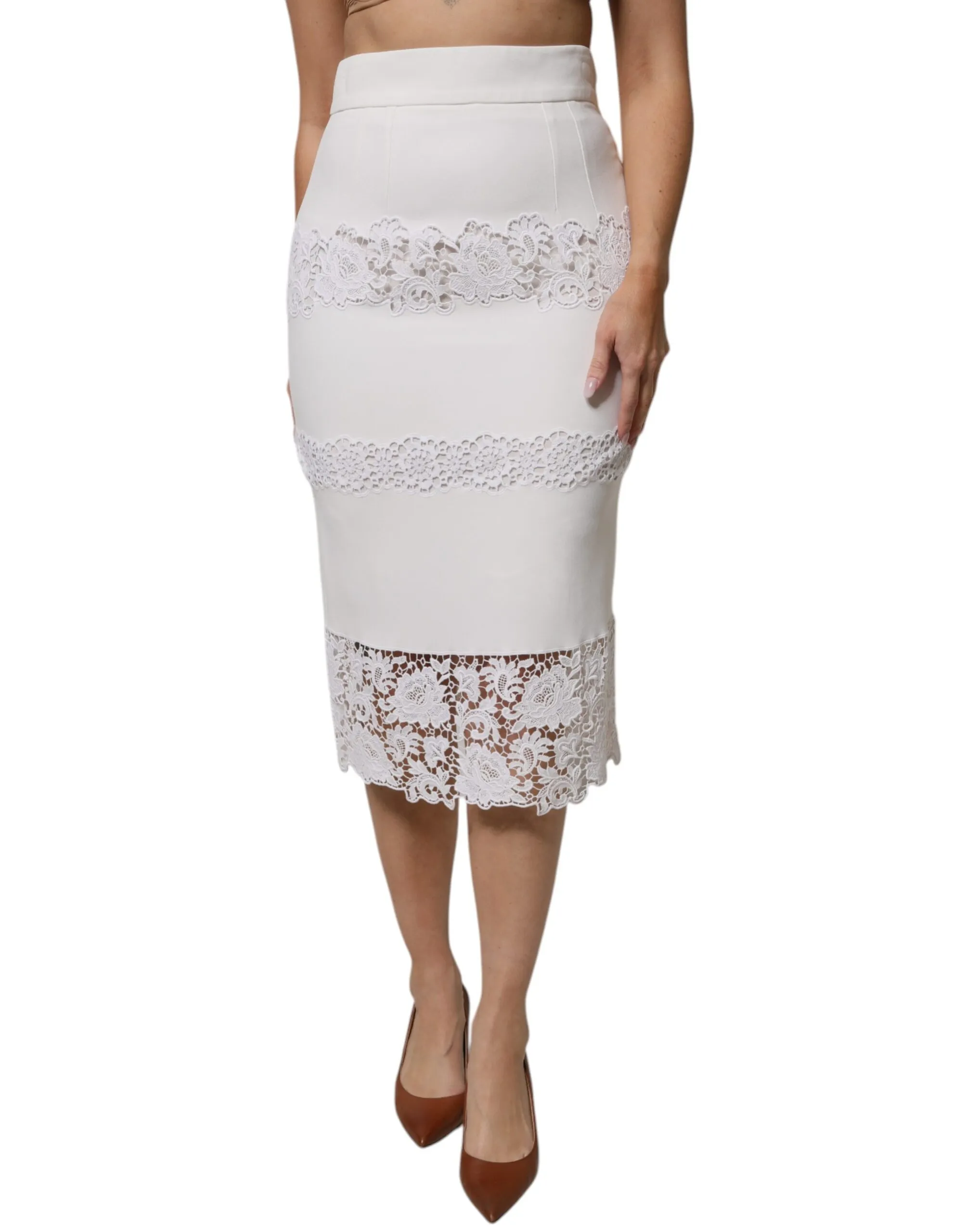 Dolce & Gabbana Women's White Floral Lace High Waist Pencil Cut Skirt