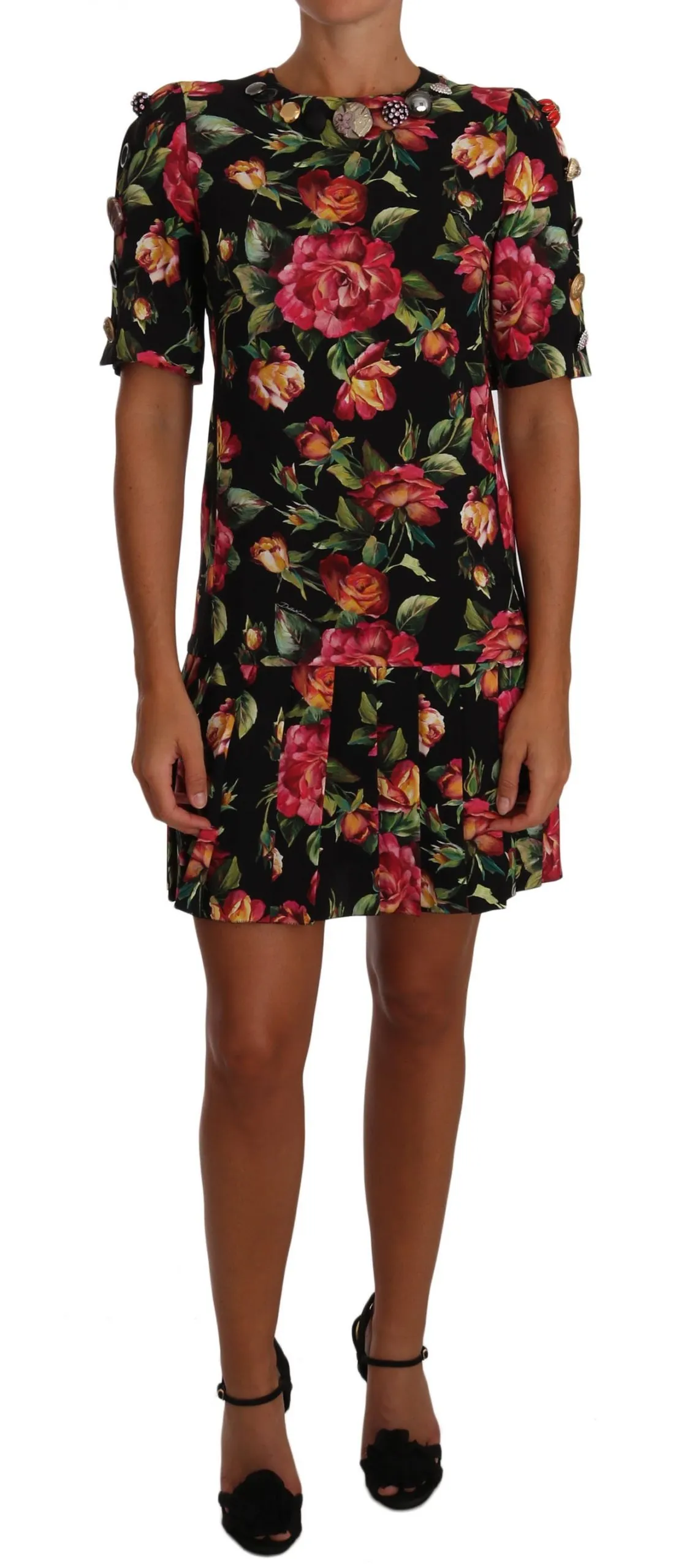 Dolce & Gabbana Women's Elegant Floral Sheath Dress with Crystal Buttons