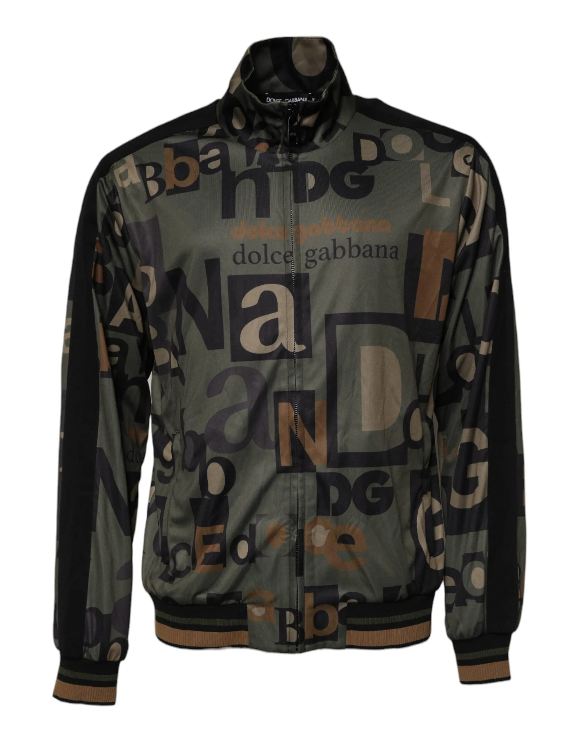 Dolce & Gabbana Men's Army Green Polyester Logo Full Zip Sweater