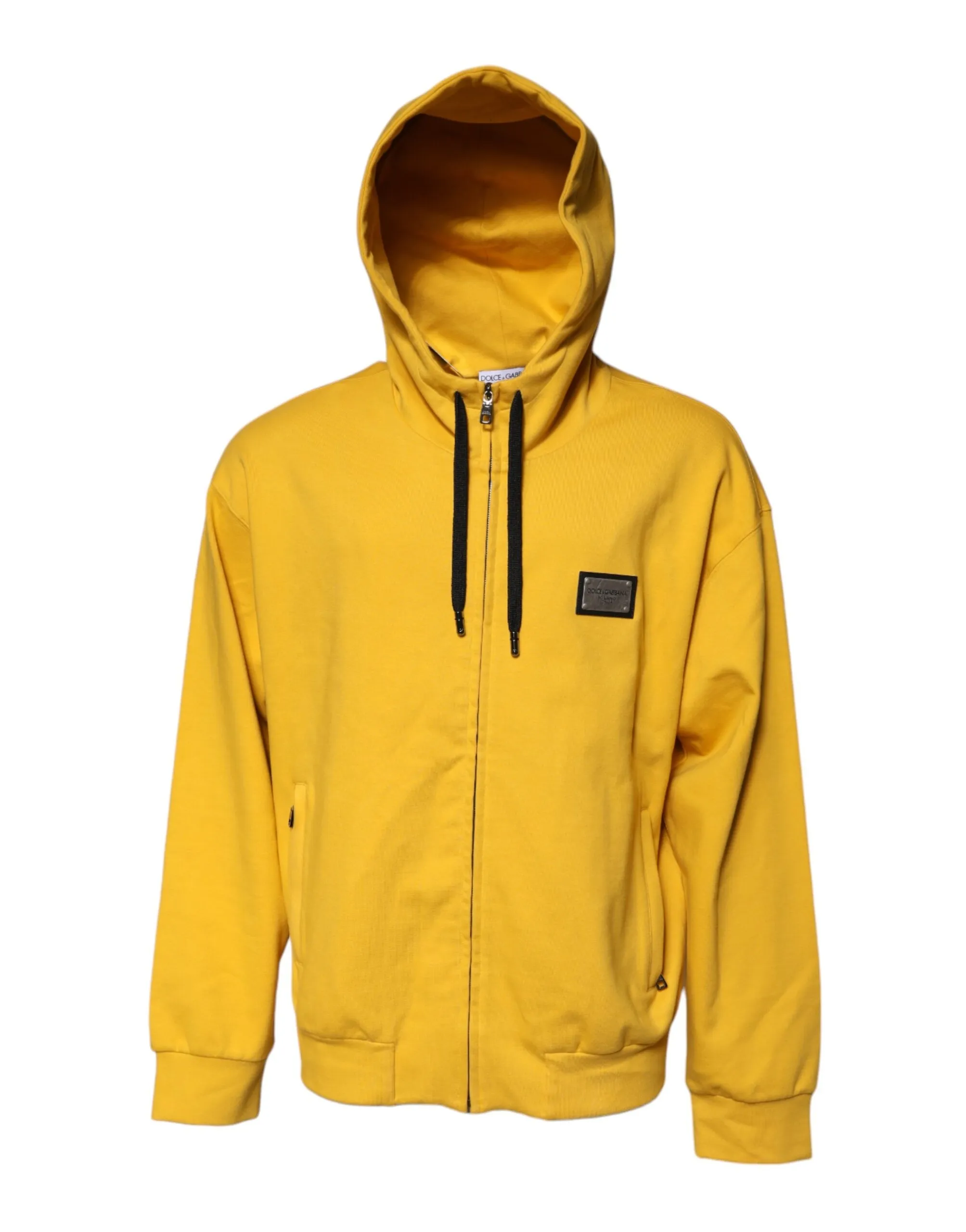 Dolce & Gabbana Men's Yellow Logo Plaque Hooded Full Zip Sweater