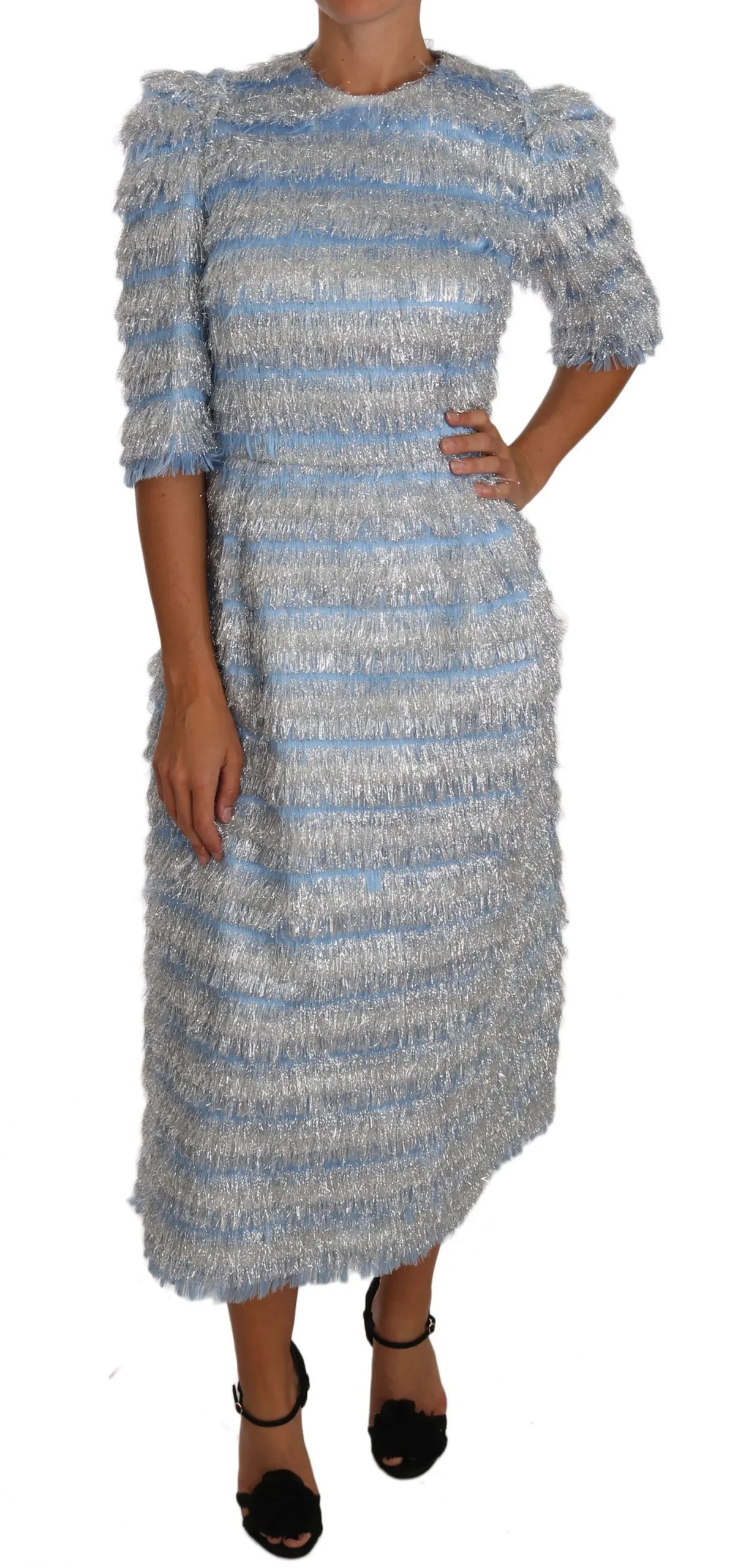 Dolce & Gabbana Women's Elegant Light Blue Silver Fringe Midi Dress
