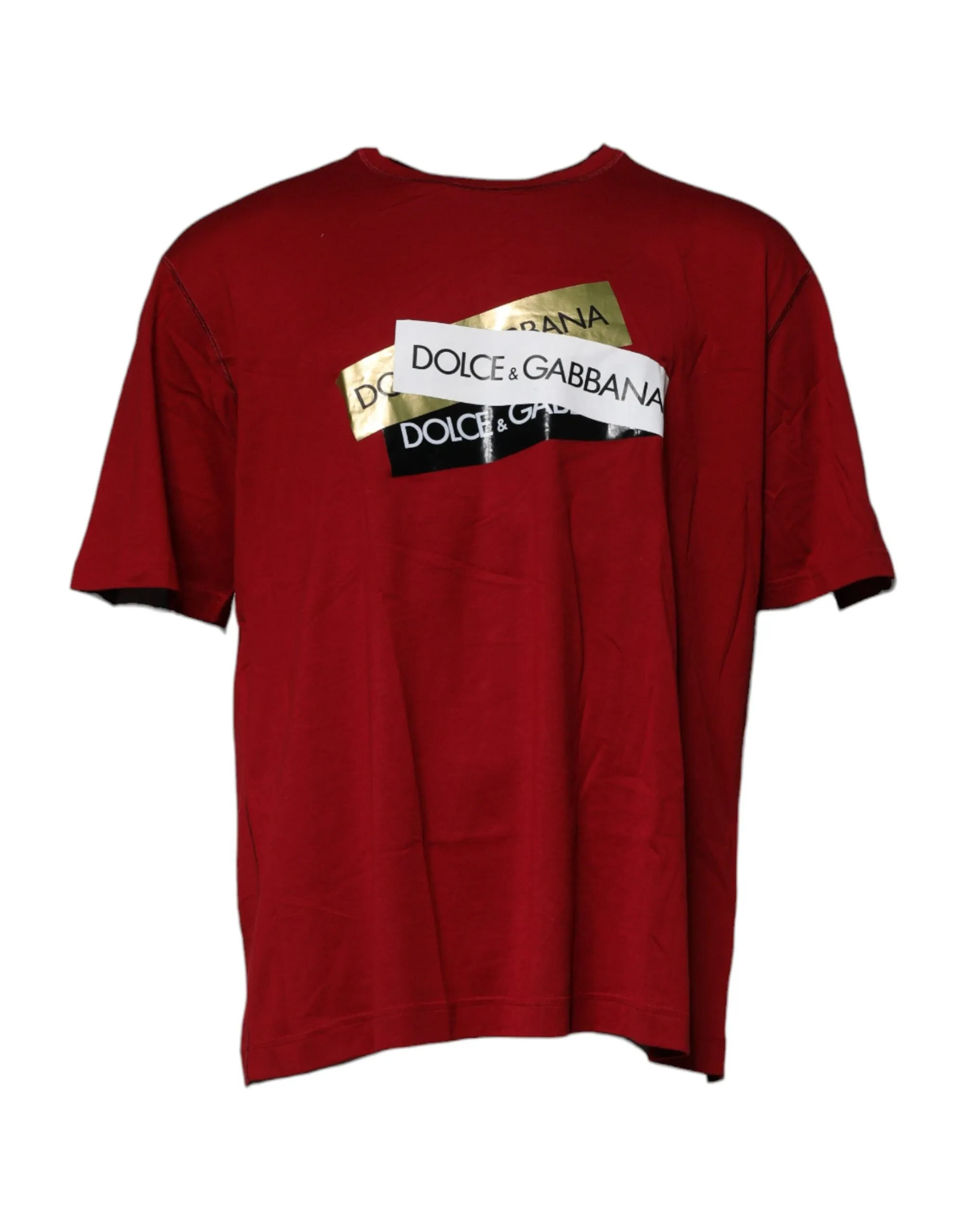 Dolce & Gabbana Men's Red Logo Tape Cotton Crew Neck T-shirt