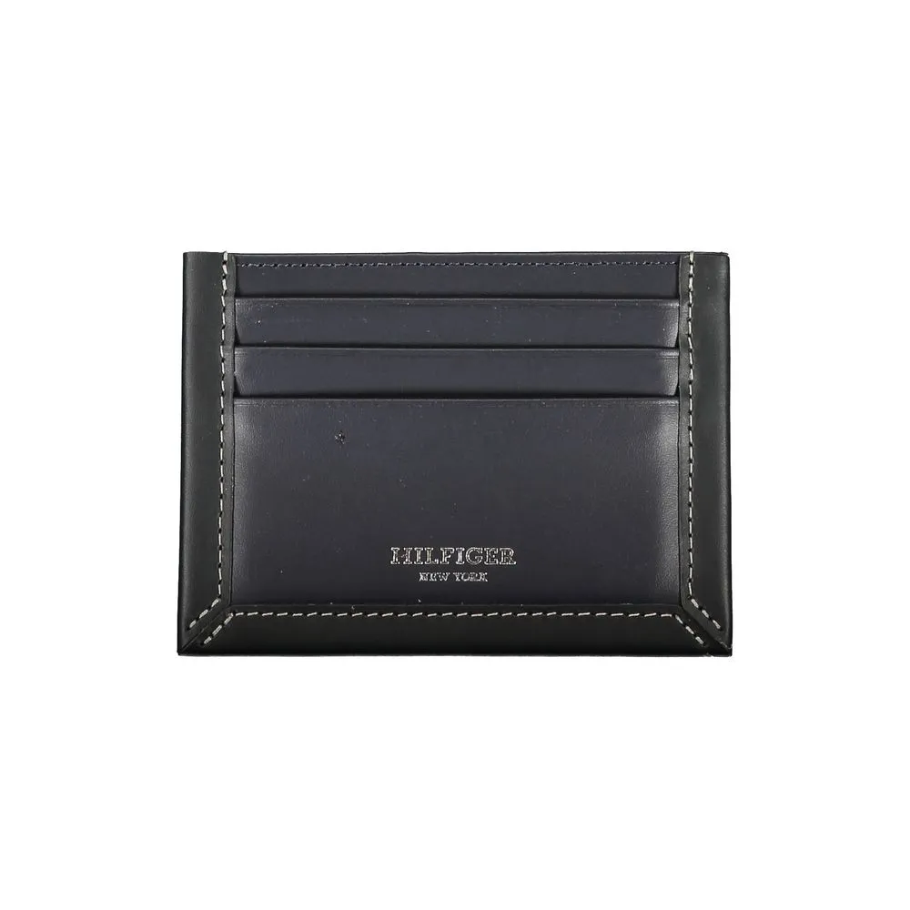 Tommy Hilfiger Men's Sleek Blue Leather Card Holder with Contrast Detail