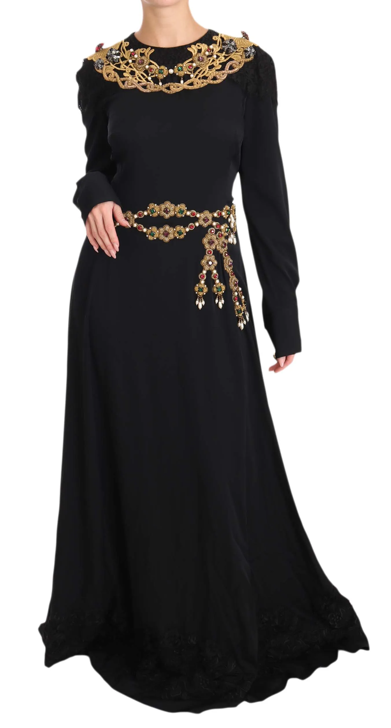 Dolce & Gabbana Women's Elegant Maxi Black Dress with Gold Detailing