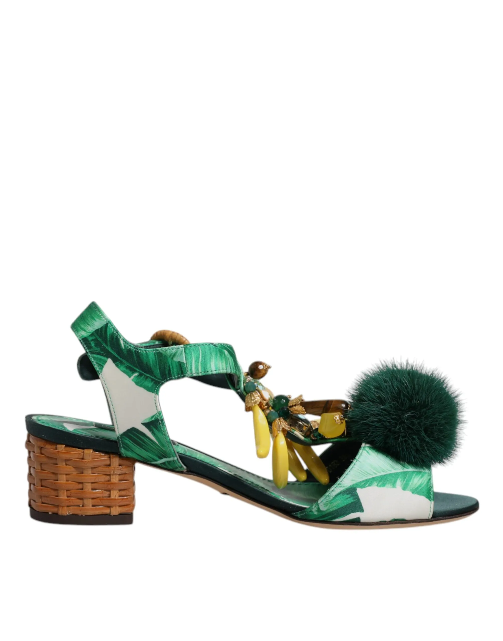 Dolce & Gabbana Women's Green Crystal Fur Embellished Sandals Shoes
