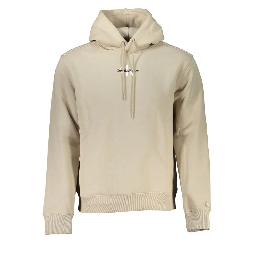 Calvin Klein Men's Beige Fleece Hooded Sweatshirt with Logo Embroidery