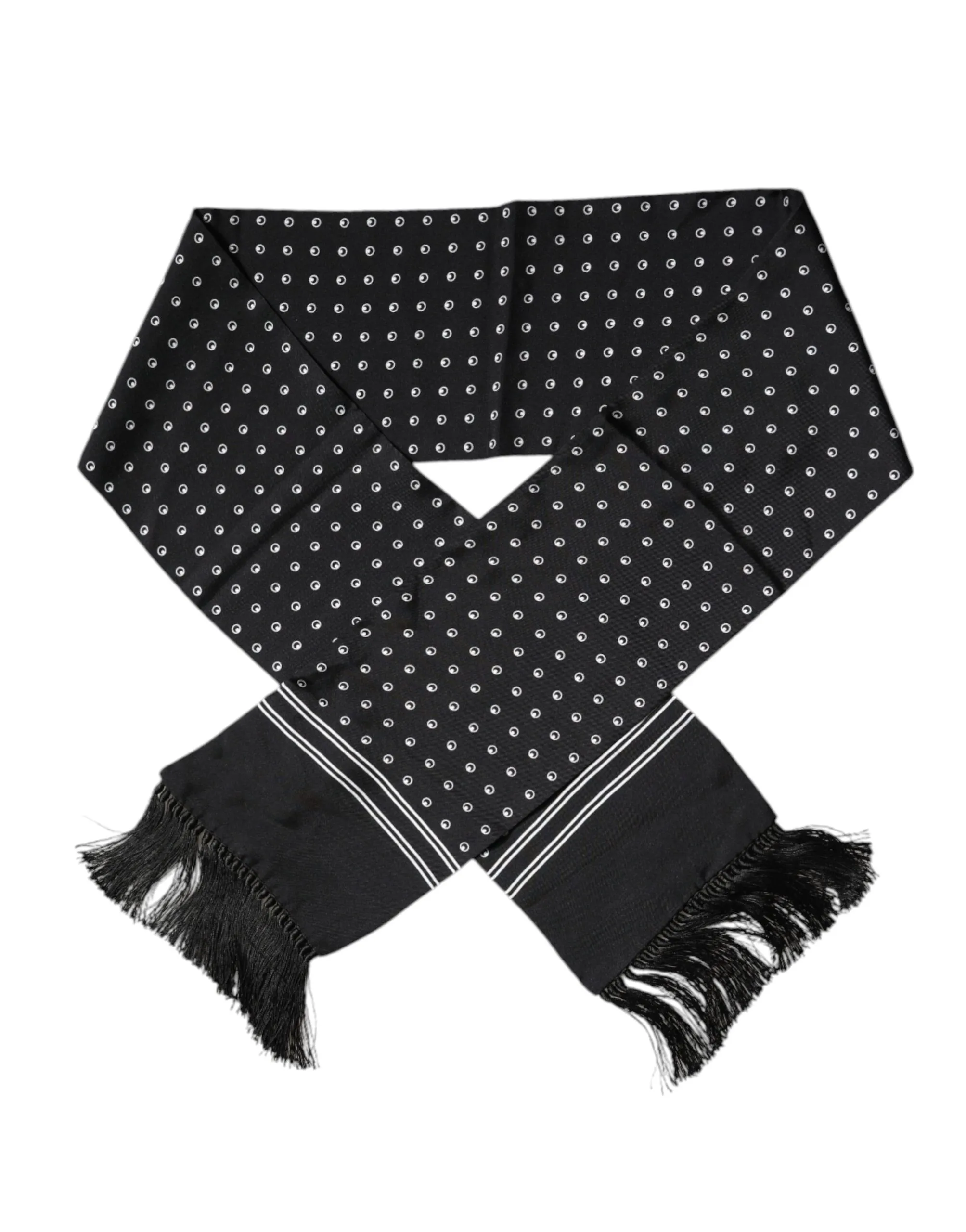 Dolce & Gabbana Men's Black White Polka Dotted Silk Skinny Fringes Scarf
