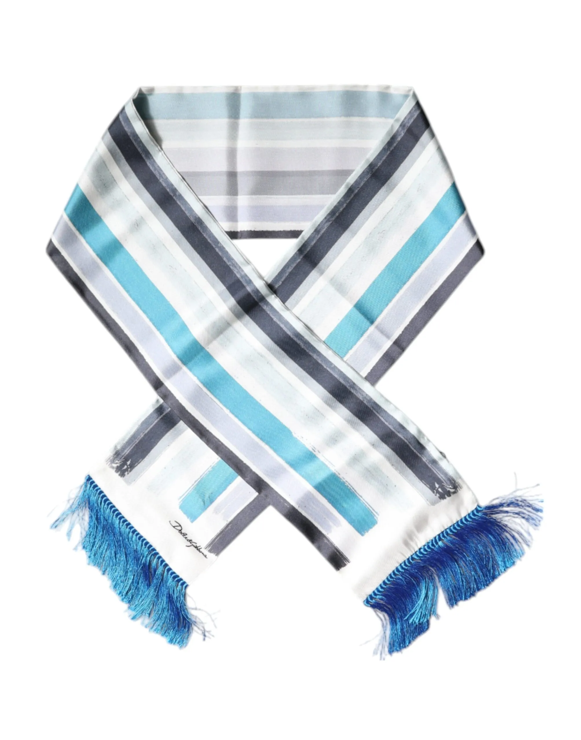 Dolce & Gabbana Men's White Blue Stripes Silk Fringes Wrap Scarf