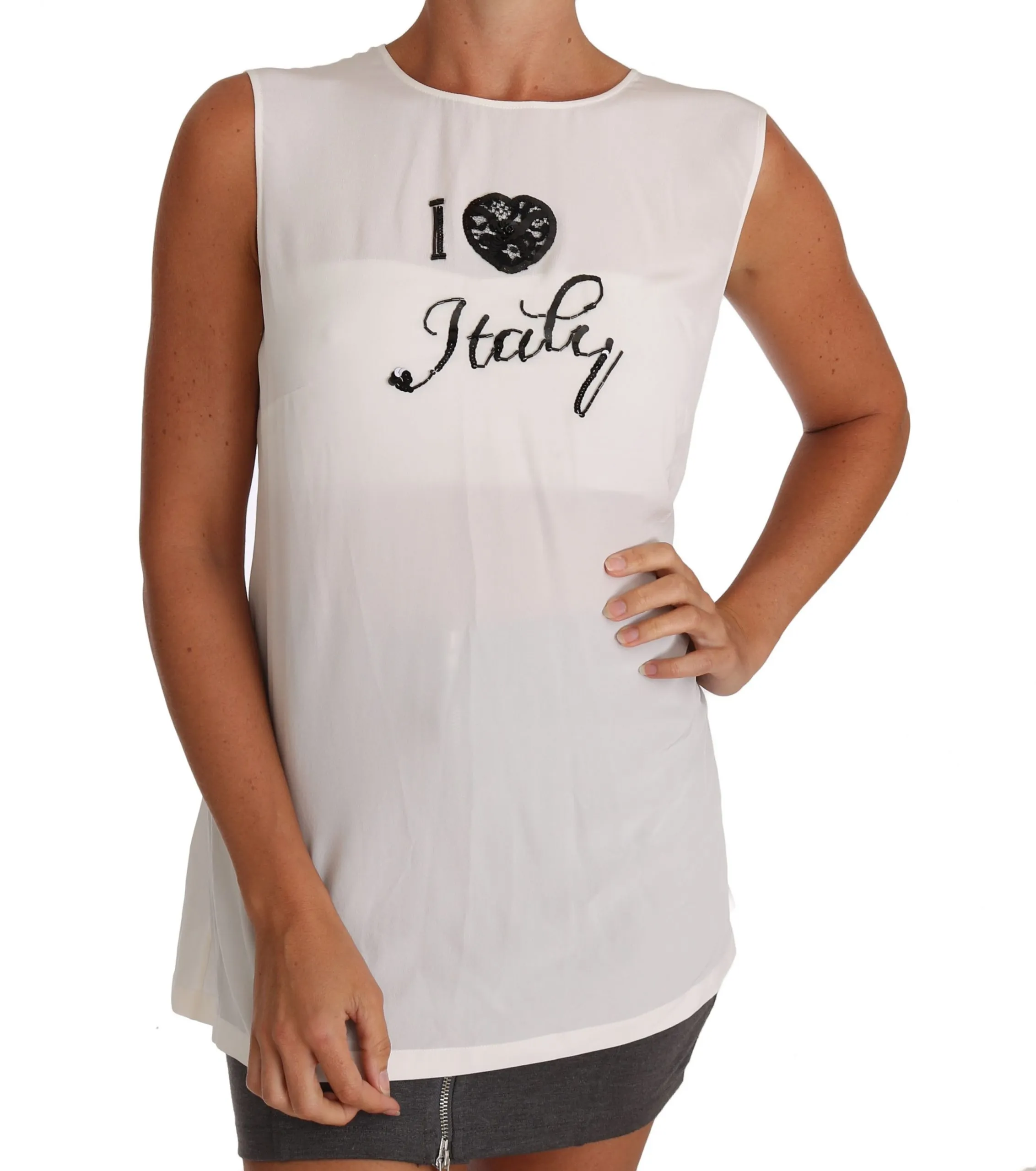 Dolce & Gabbana Women's Elegant White Silk Sleeveless Top with Lace Detail