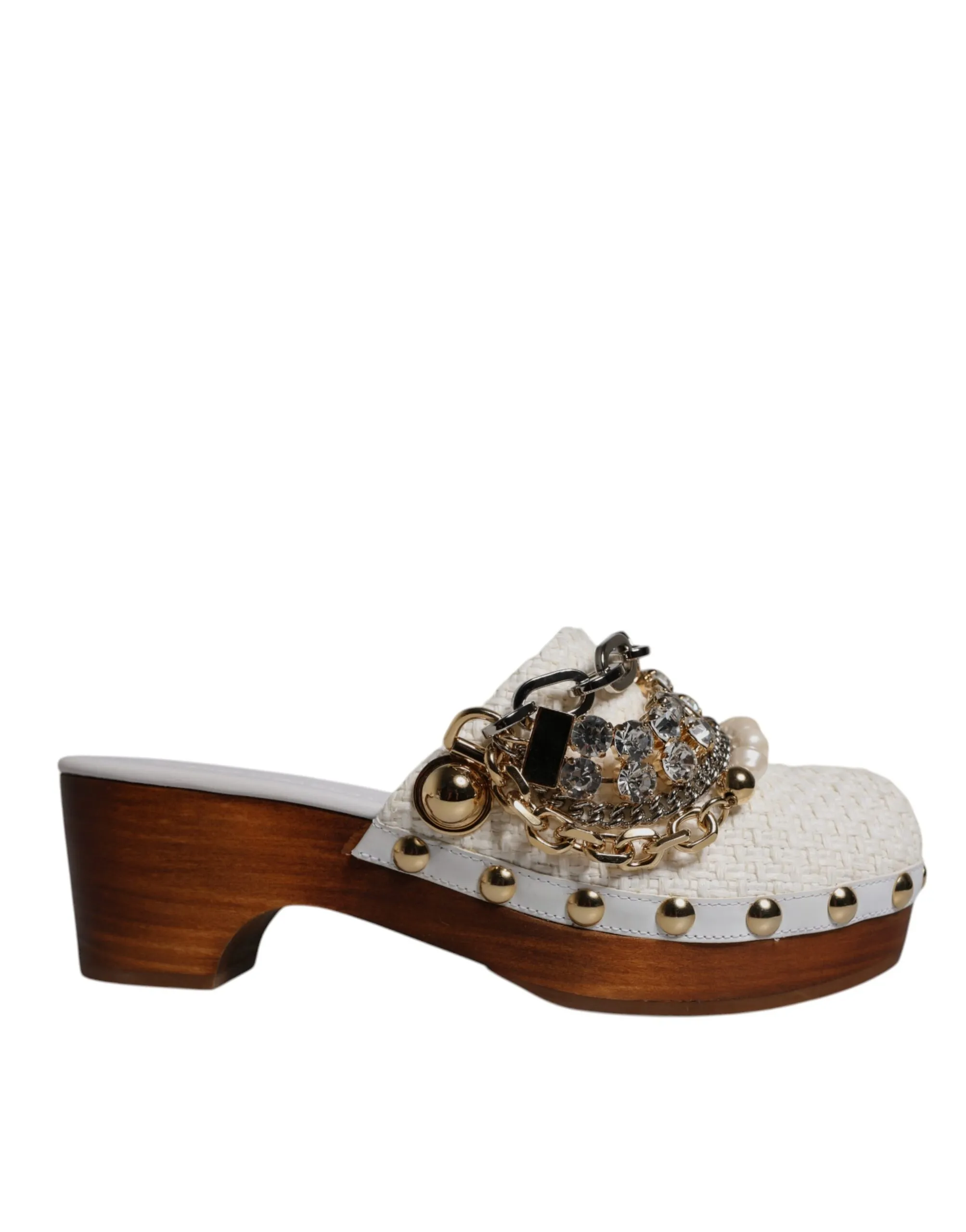 Dolce & Gabbana Women's White Raffia Clogs Bejeweled Chain Sandals Shoes