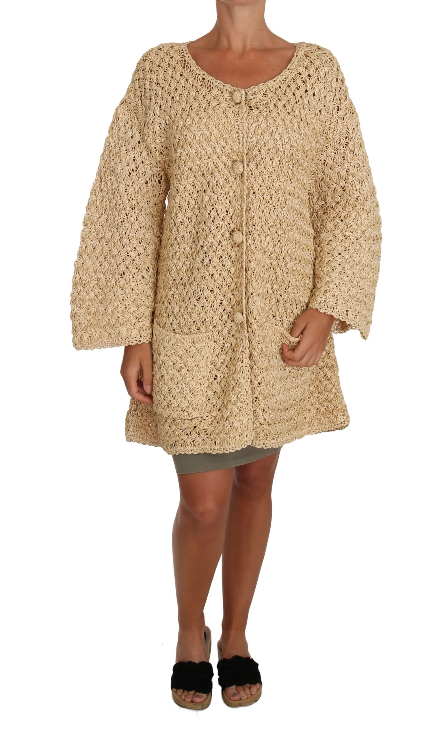 Dolce & Gabbana Women's Chic Beige Crochet Knitted Raffia Cardigan