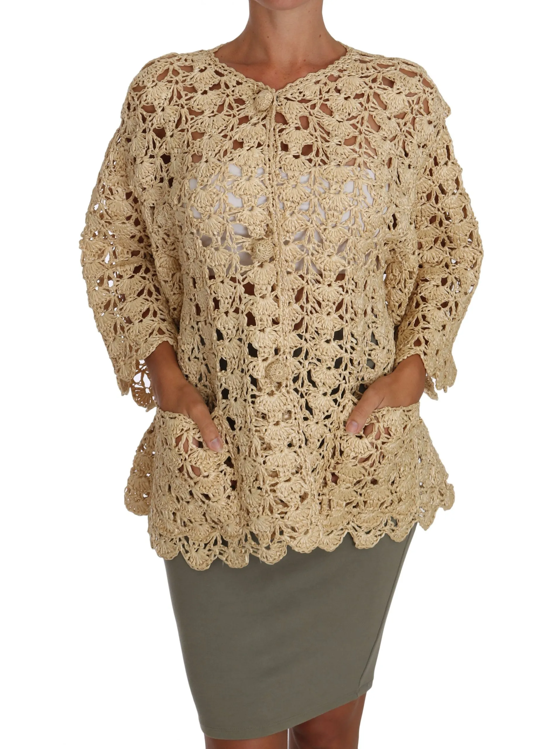 Dolce & Gabbana Women's Chic Beige Crochet Raffia Cardigan