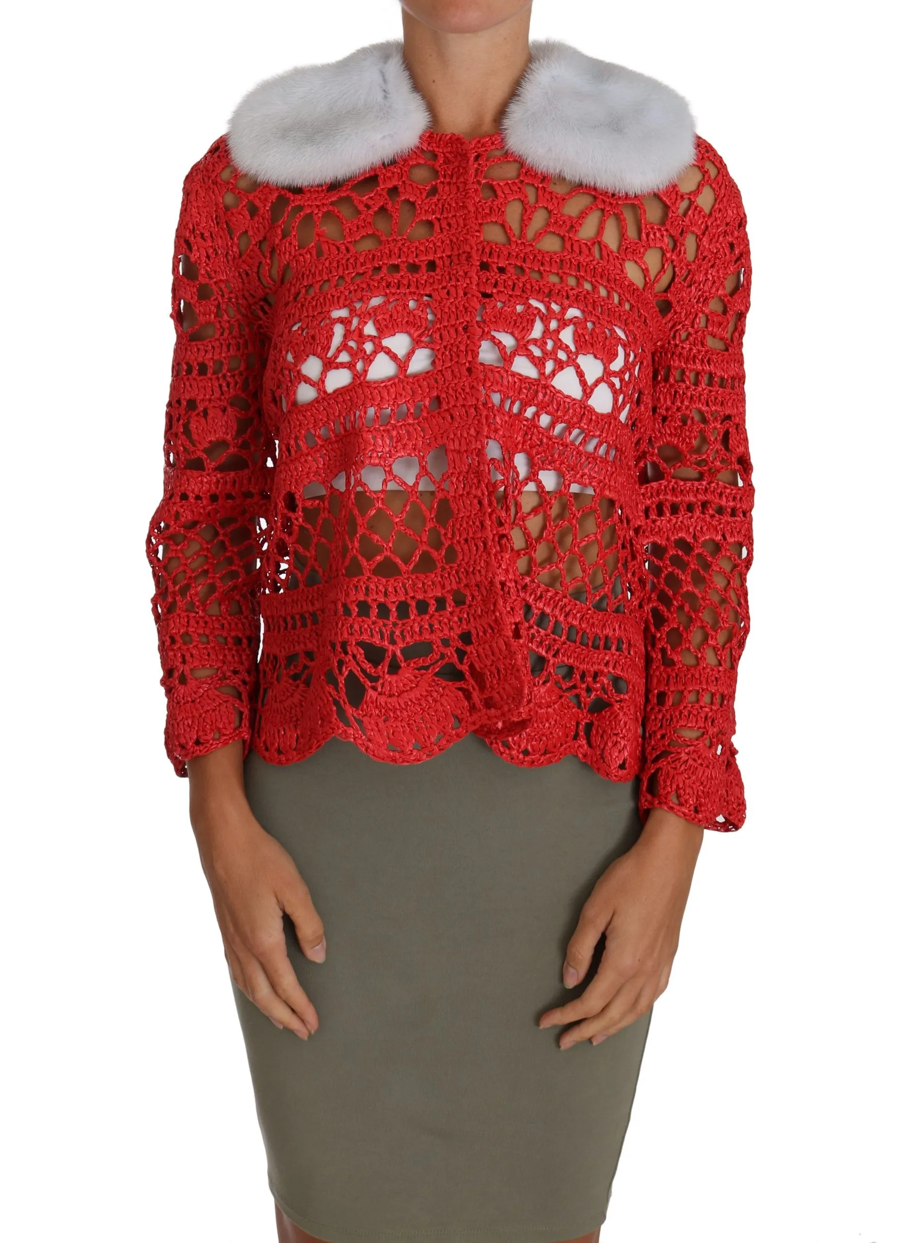 Dolce & Gabbana Women's Elegant Red Crochet Knit Cardigan with Fur Collar