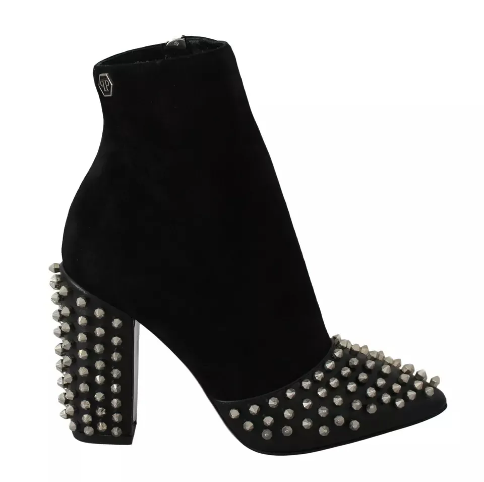 Philipp Plein Women's Black Suede Studded Heels Ankle Boots Shoes