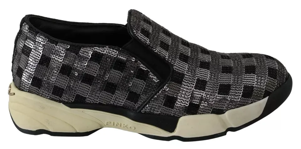 PINKO Women's Silver Black Slip-on Sequence Design Sneakers Shoes