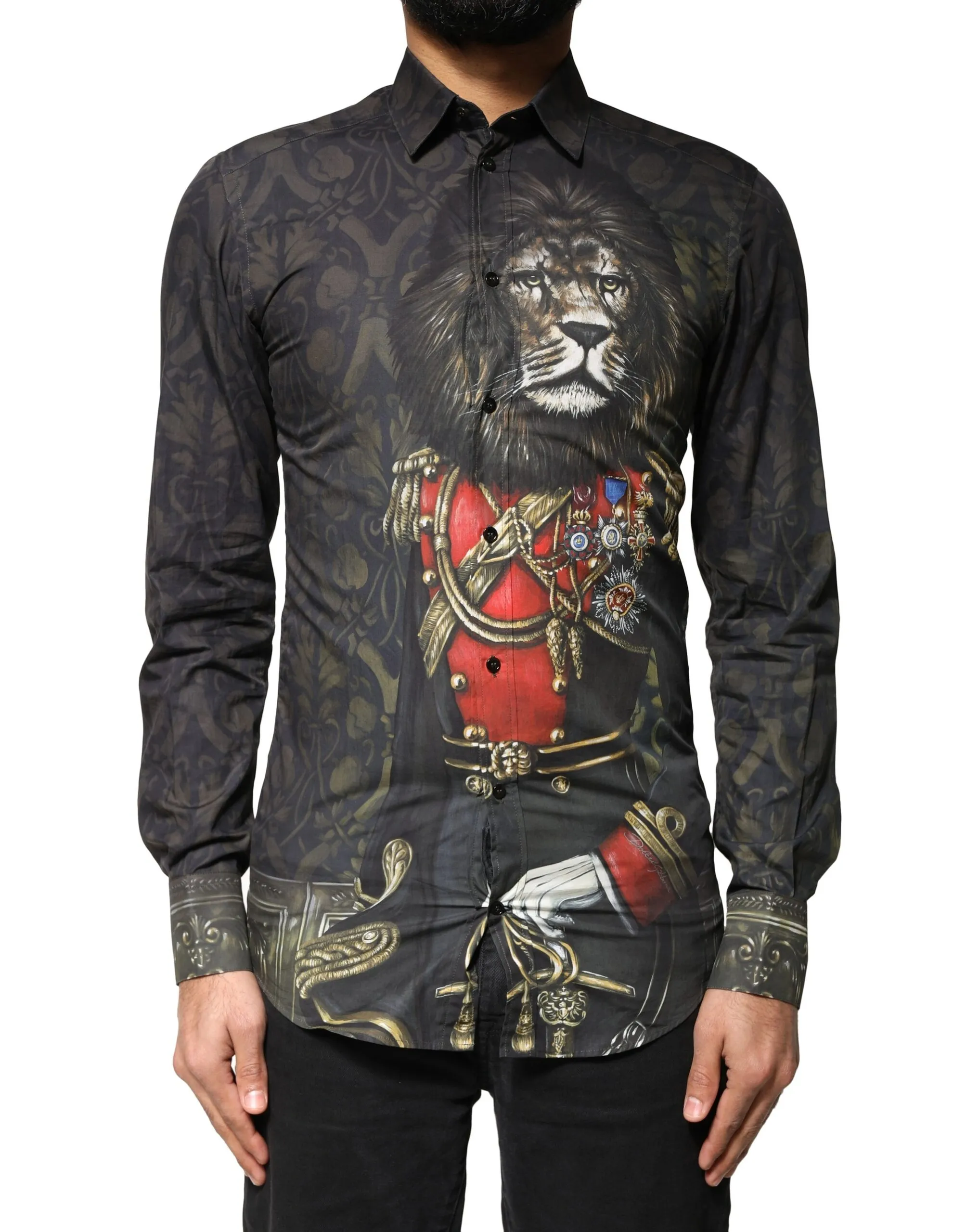 Dolce & Gabbana Men's Black Royal Pet Portrait GOLD Dress Shirt