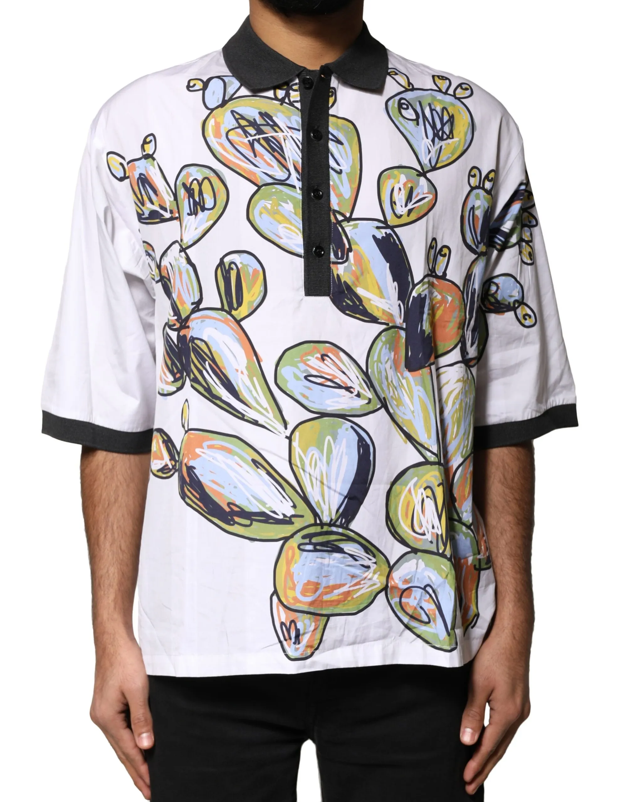 Dolce & Gabbana White Sketch Print Oversized Men Polo Shirt T-shirt