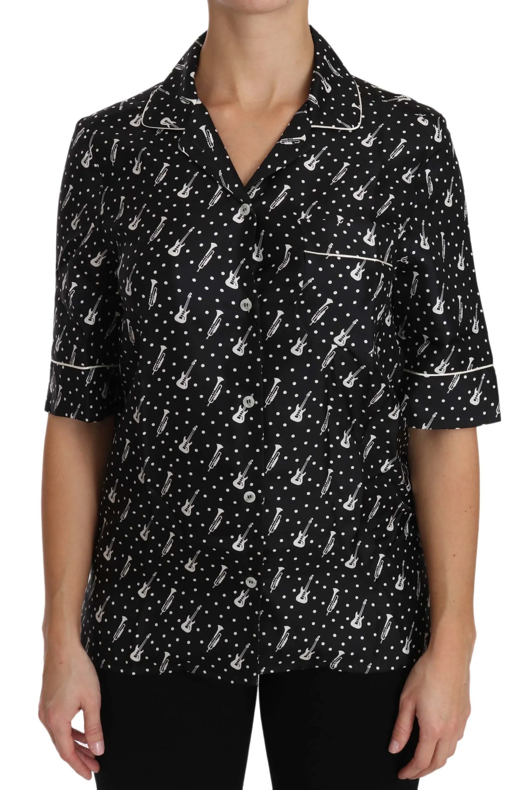 Dolce & Gabbana Women's Silk Guitar Trumpet Print Polo Top