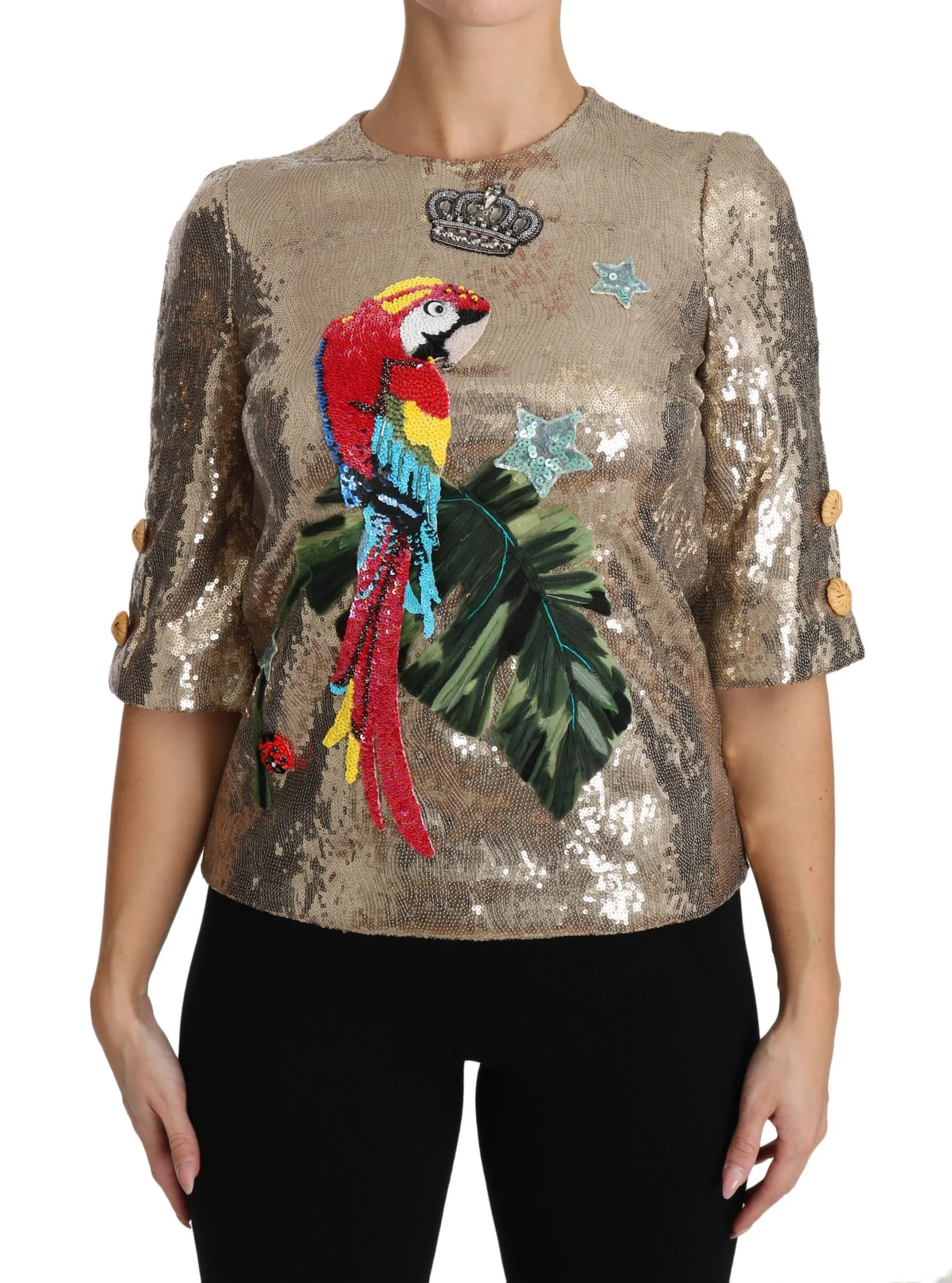 Dolce & Gabbana Women's Gold Parrot Motif Crewneck Blouse with Crystals