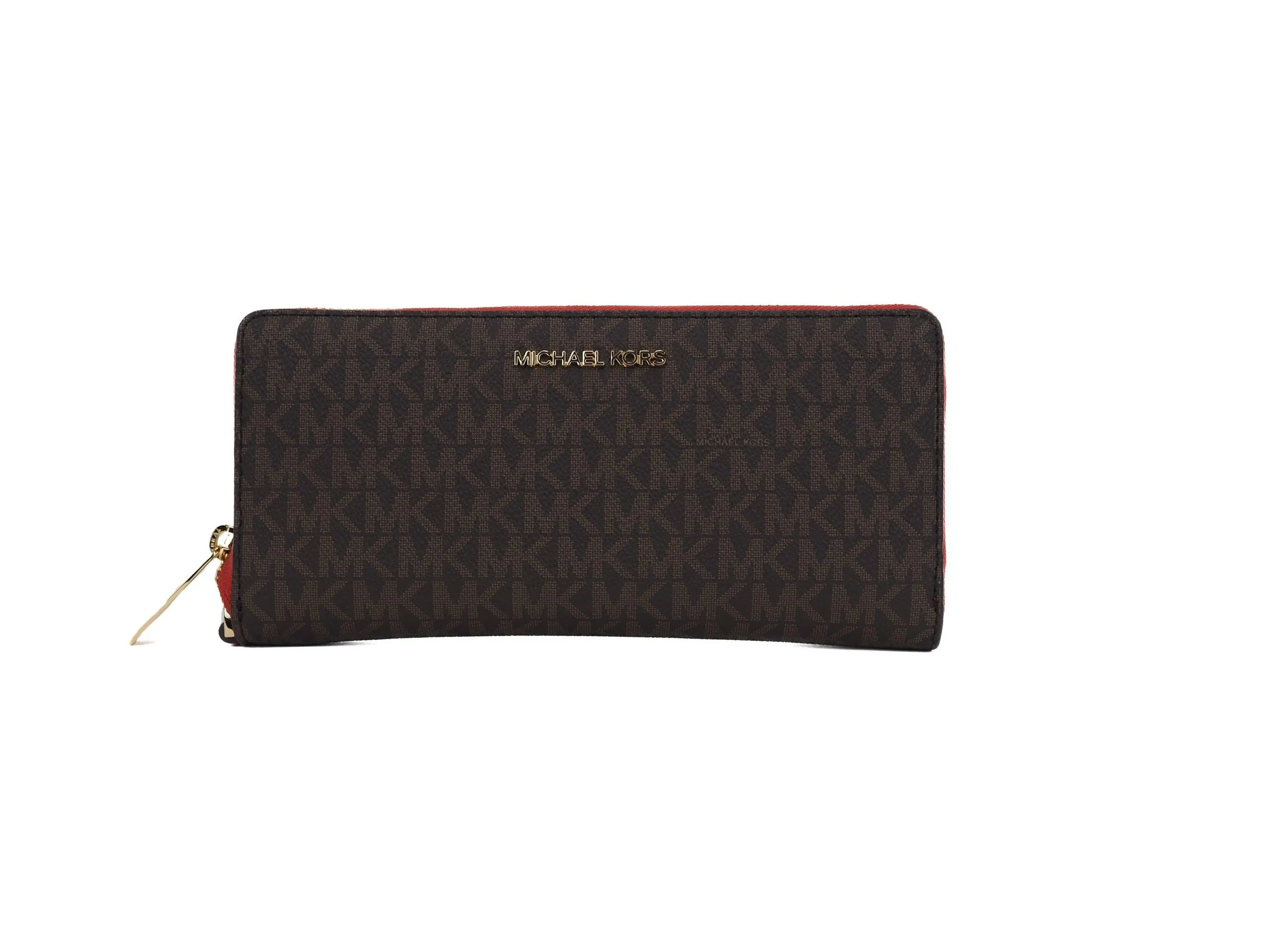 Michael Kors Women's Jet Set Large Continental Travel Clutch Wristlet Wallet (Brown Signature/Flame)