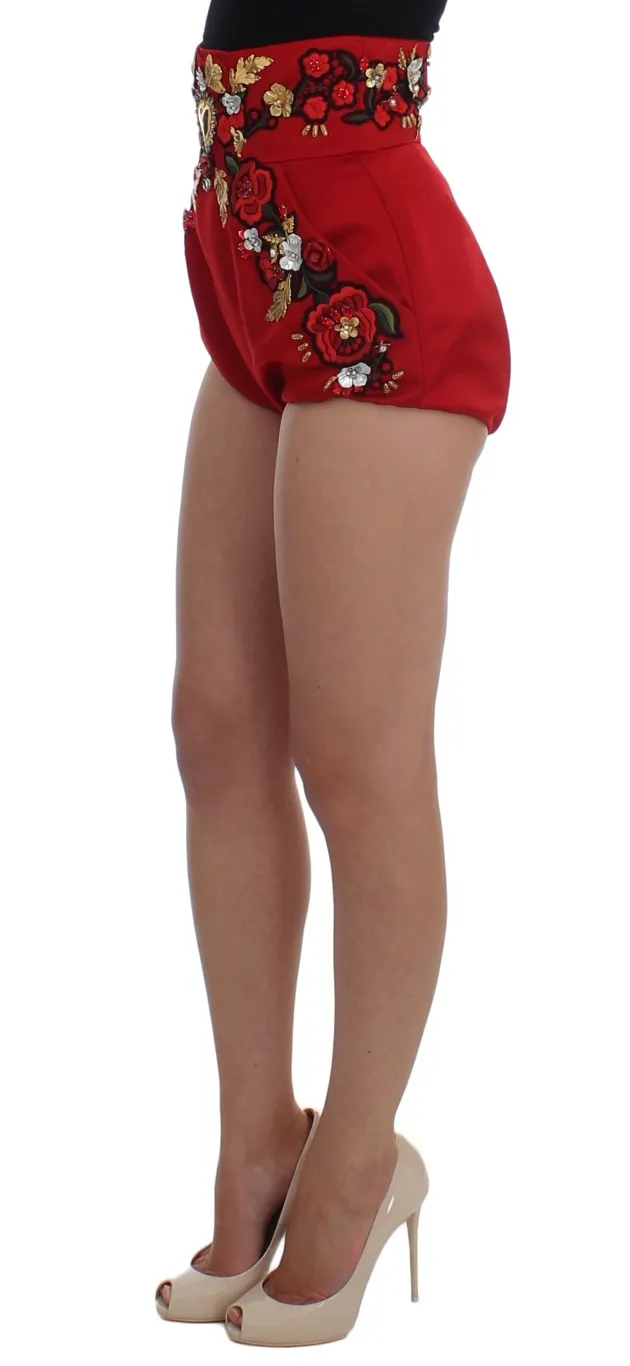 Dolce & Gabbana Women's Red Silk Crystal-Embellished High Waist Shorts
