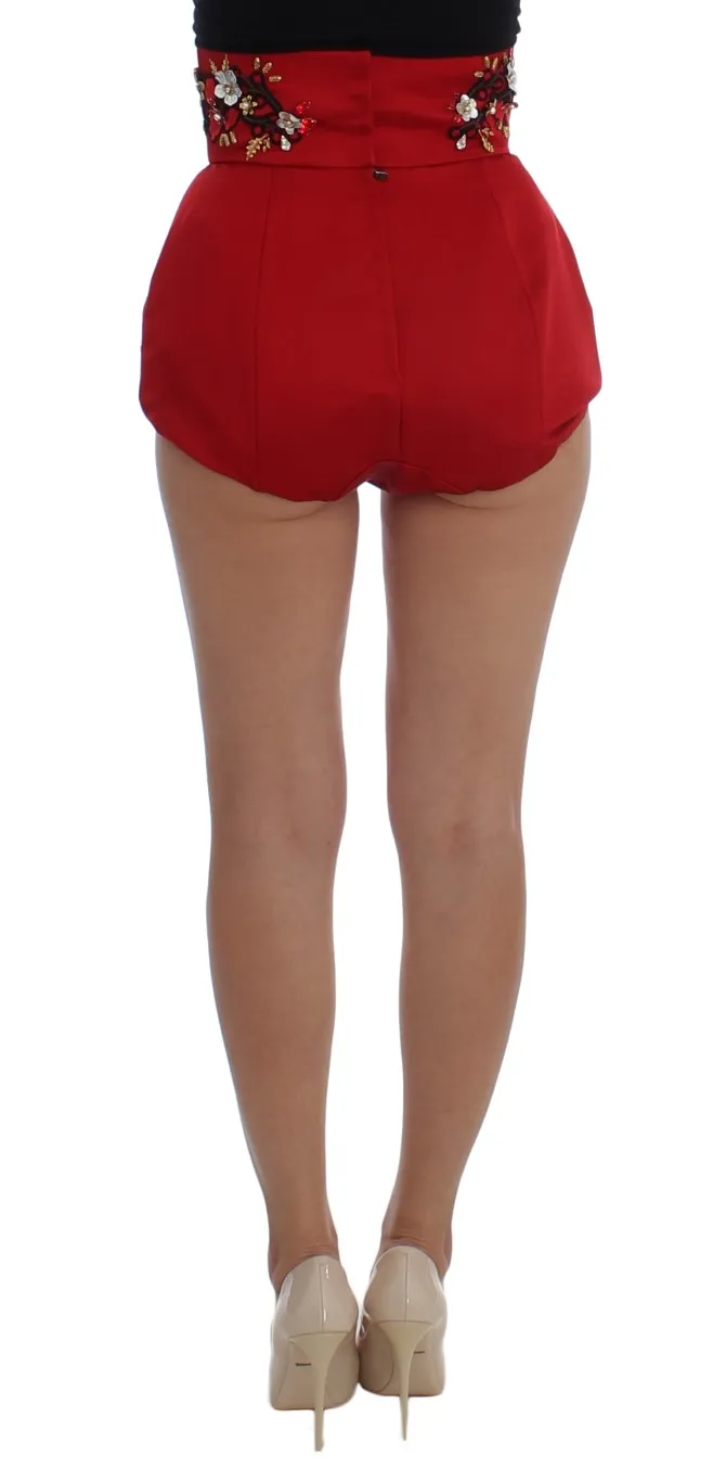 Dolce & Gabbana Women's Red Silk Crystal-Embellished High Waist Shorts