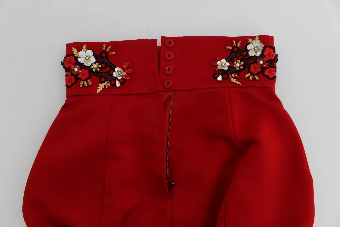 Dolce & Gabbana Women's Red Silk Crystal-Embellished High Waist Shorts