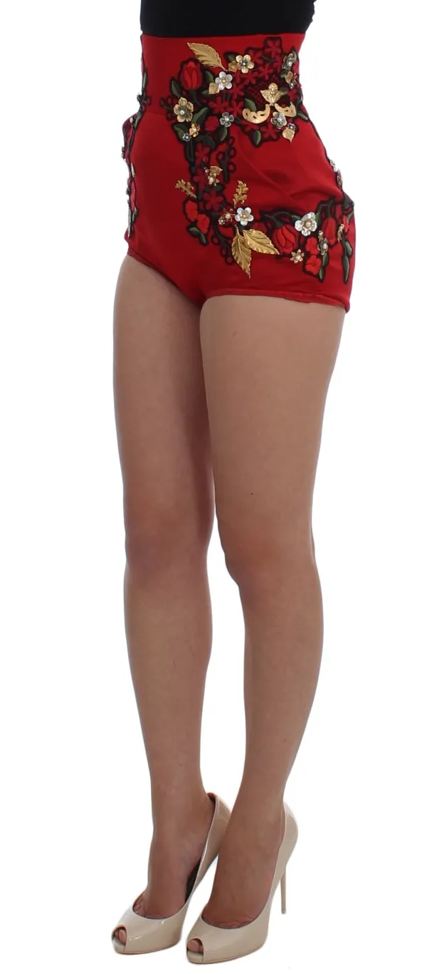 Dolce & Gabbana Women's Elegant Silk Red Embroidered Mini Shorts